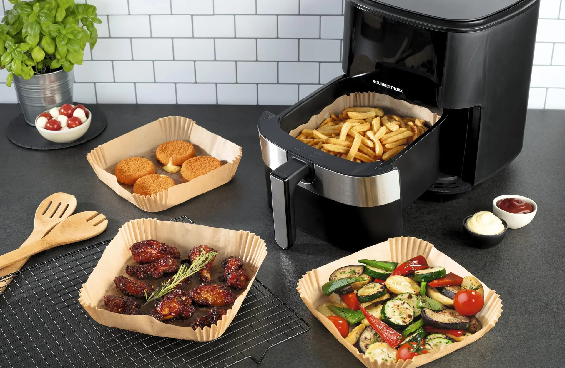 Backpapier-Schalen, 100 Stück zu 601414 Heißluft-Fritteuse Digital, 6,2 Liter, 1500 Watt - 1