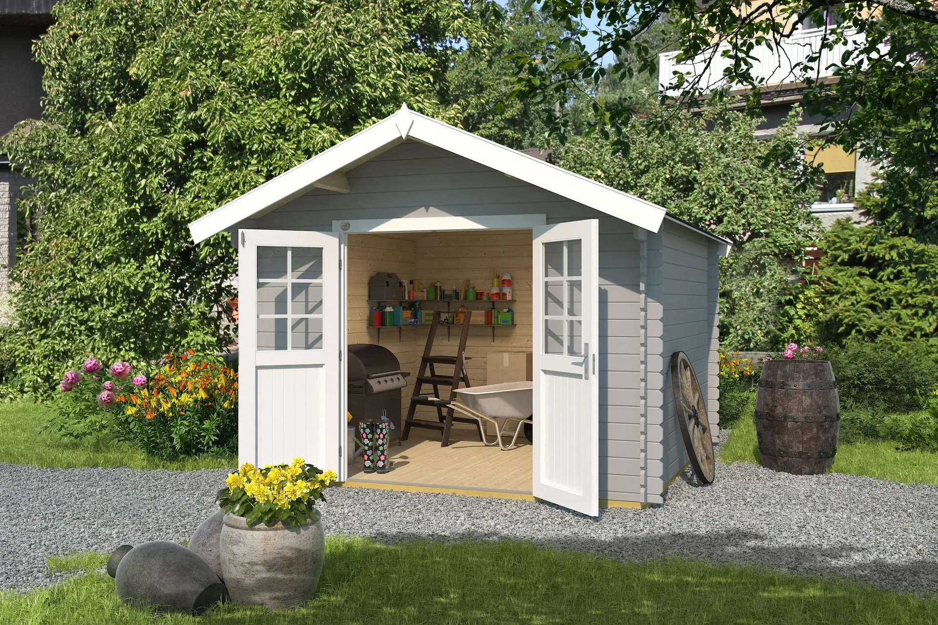 Gartenhaus 209 Gr. 3, 333 x 360 x 261 cm in Farbe hellgrau mit Doppeltür - 1