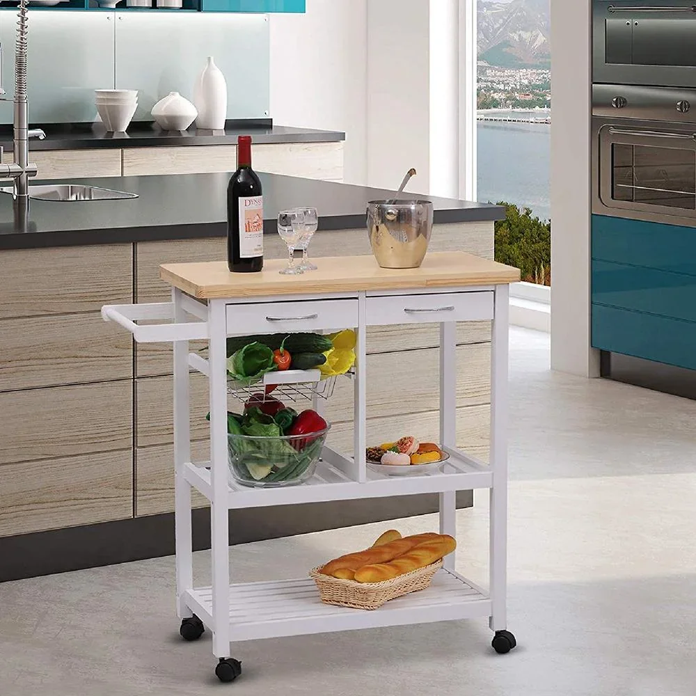 Servierwagen Küchenwagen Küchenrollwagen mit Rollen Korb Schubladen aus Holz weiß - 0