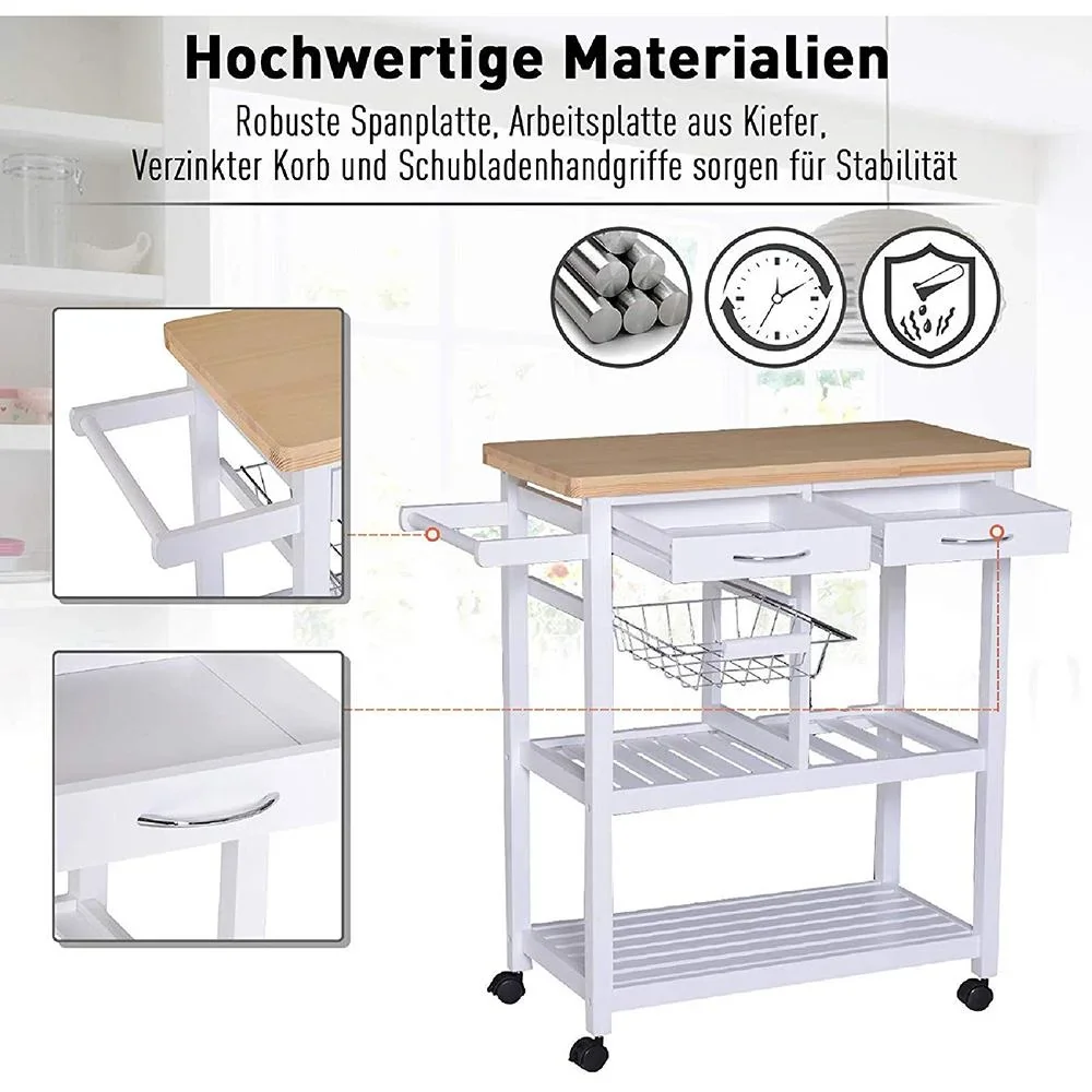 Servierwagen Küchenwagen Küchenrollwagen mit Rollen Korb Schubladen aus Holz weiß - 3