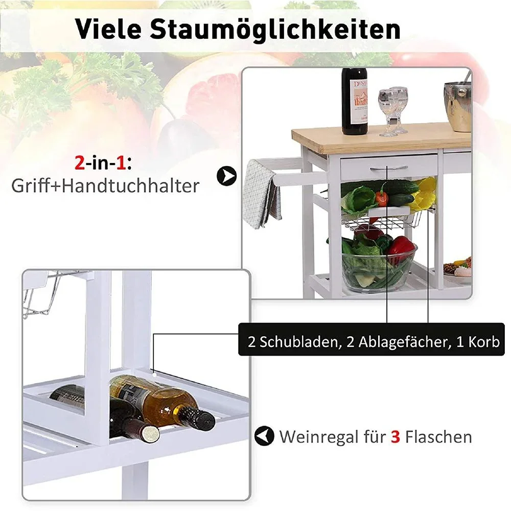 Servierwagen Küchenwagen Küchenrollwagen mit Rollen Korb Schubladen aus Holz weiß - 4