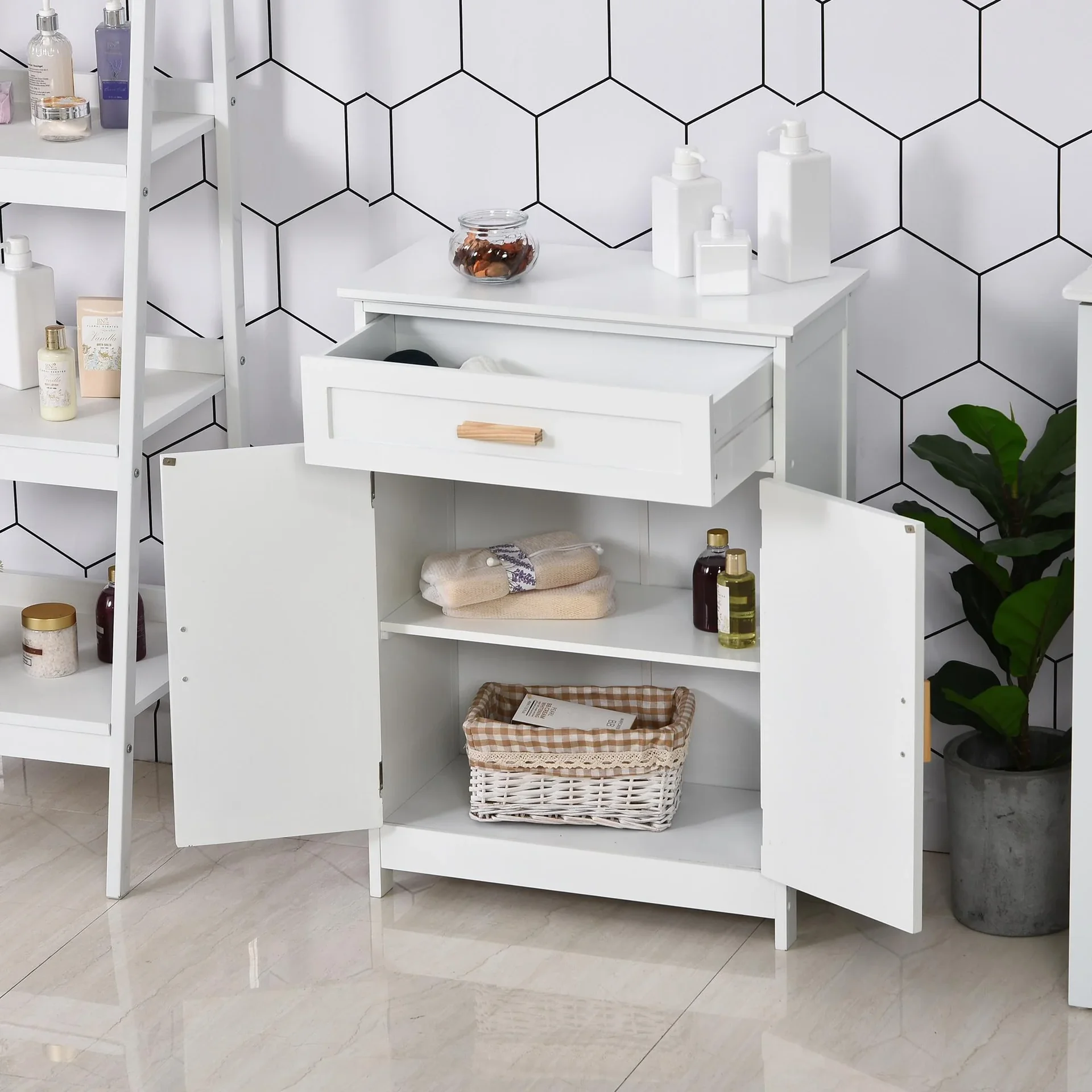 Badezimmerschrank mit 1 Schublade und 1 Schrank mit Türen, weiß - 4