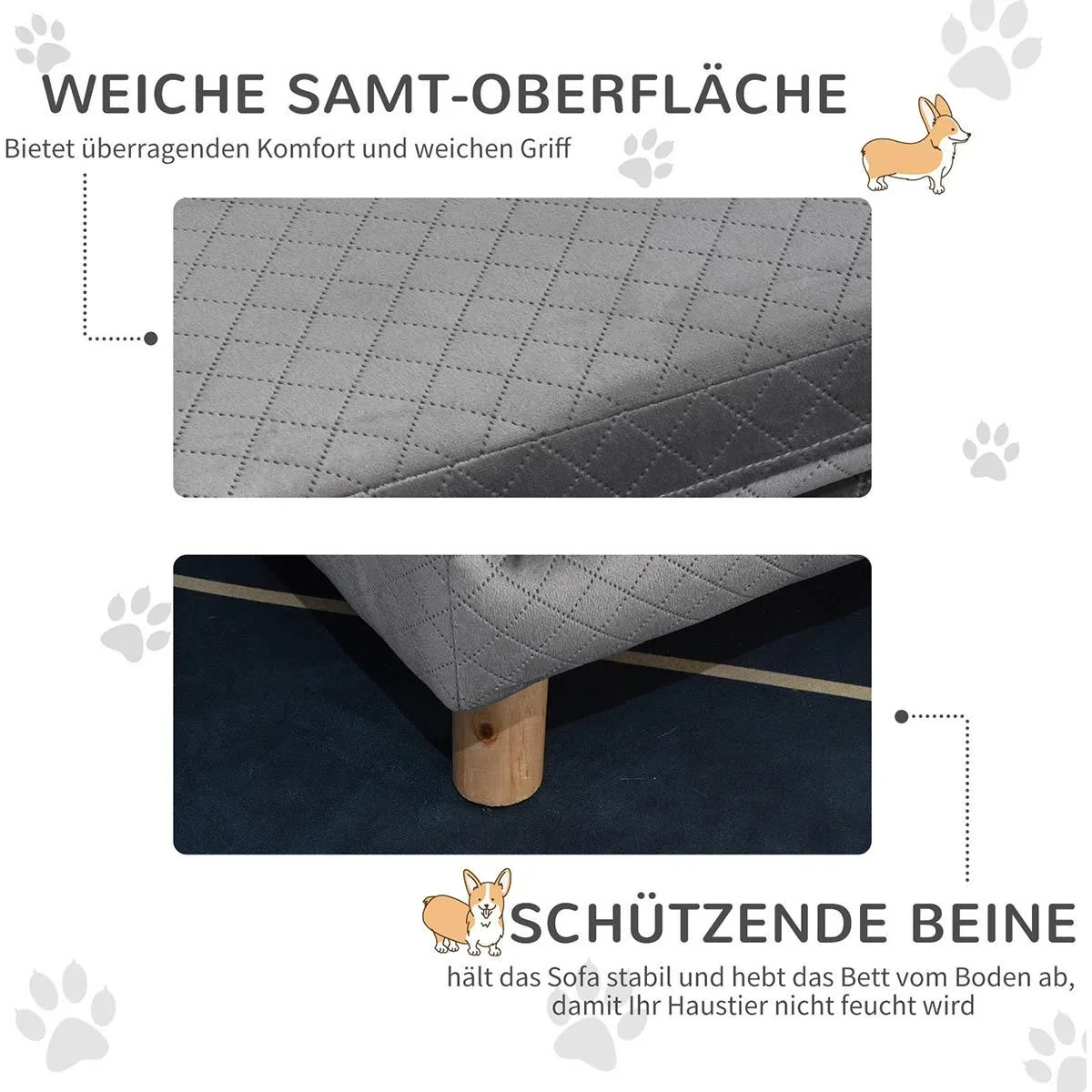 Hundesofa mit Holzbeinen Hundebett Haustiersofa Hundematte für kleine Hunde bis zu 11,25 kg Samt-Touch Grau 64 x 45 x 36 - 0
