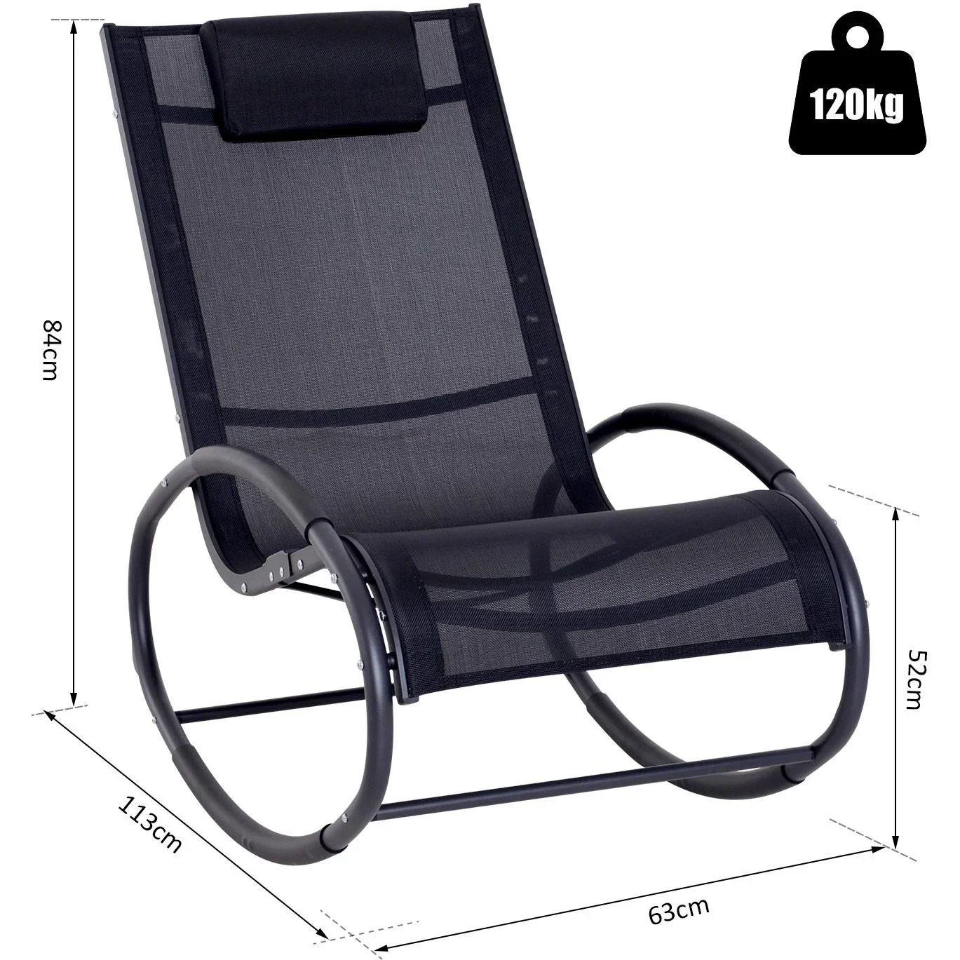 Schaukelstuhl Schaukelliege Gartenliege Schwungliege mit Kopfkissen wetterfest Aluminium Schwarz bis 120 kg 113 x 63 x 8 - 2