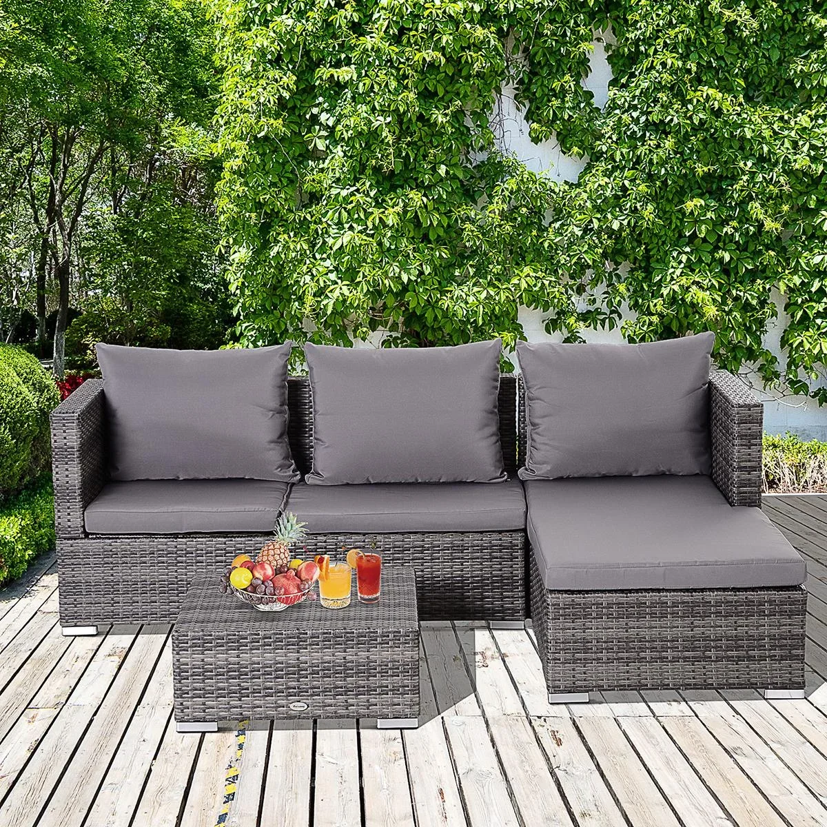 Dreiteiliges Gartenmöbel Set, Sofa, Beistelltisch mit Stauraum, 5-Stufig Rückenlehne, PE-Rattan, Grau, (Sofa) 130 x 64 x - 1