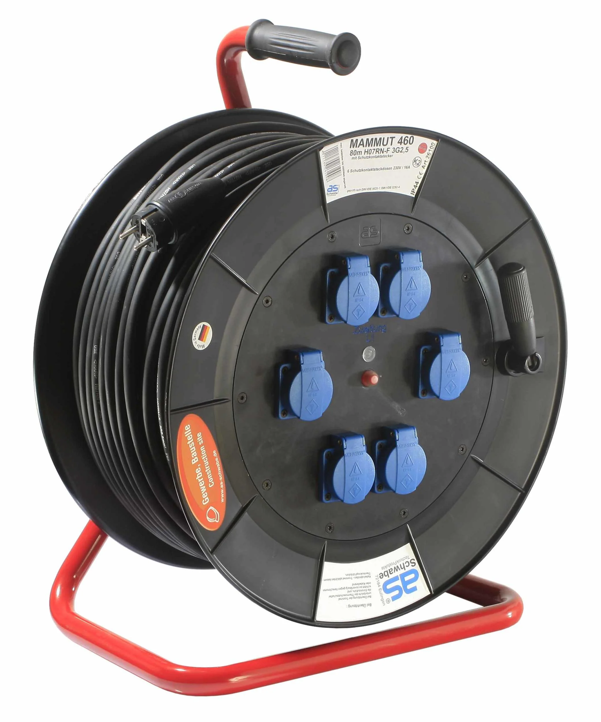 Profi-Trommel Mammut 460 Version 1, 80m, 6 Steckdosen 230V / 16A, mit Trage- und Fußgestell - 0