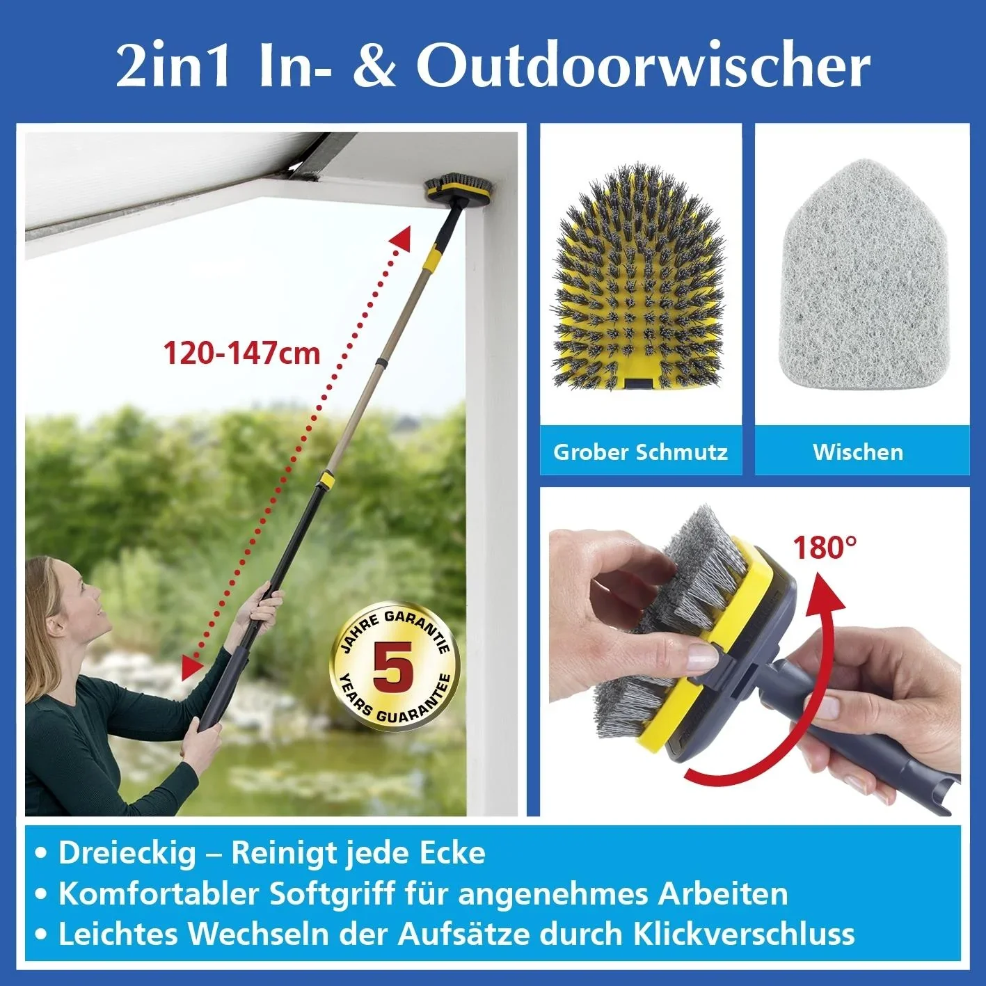 2 in 1 In- und Outdoor-Wischer, mit Teleskopstiel und 2 Aufsätzen - 5