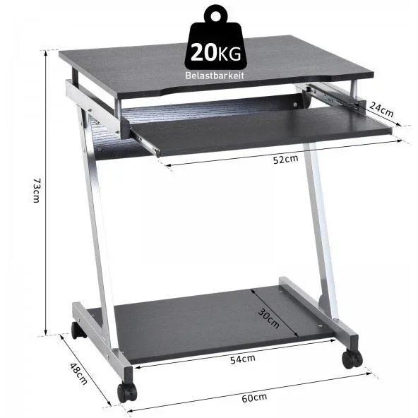 Schreibtisch Computertisch Bürotisch Rollbar mit Tastaturauszug Spanplatte, Stahl Schwarz - 0