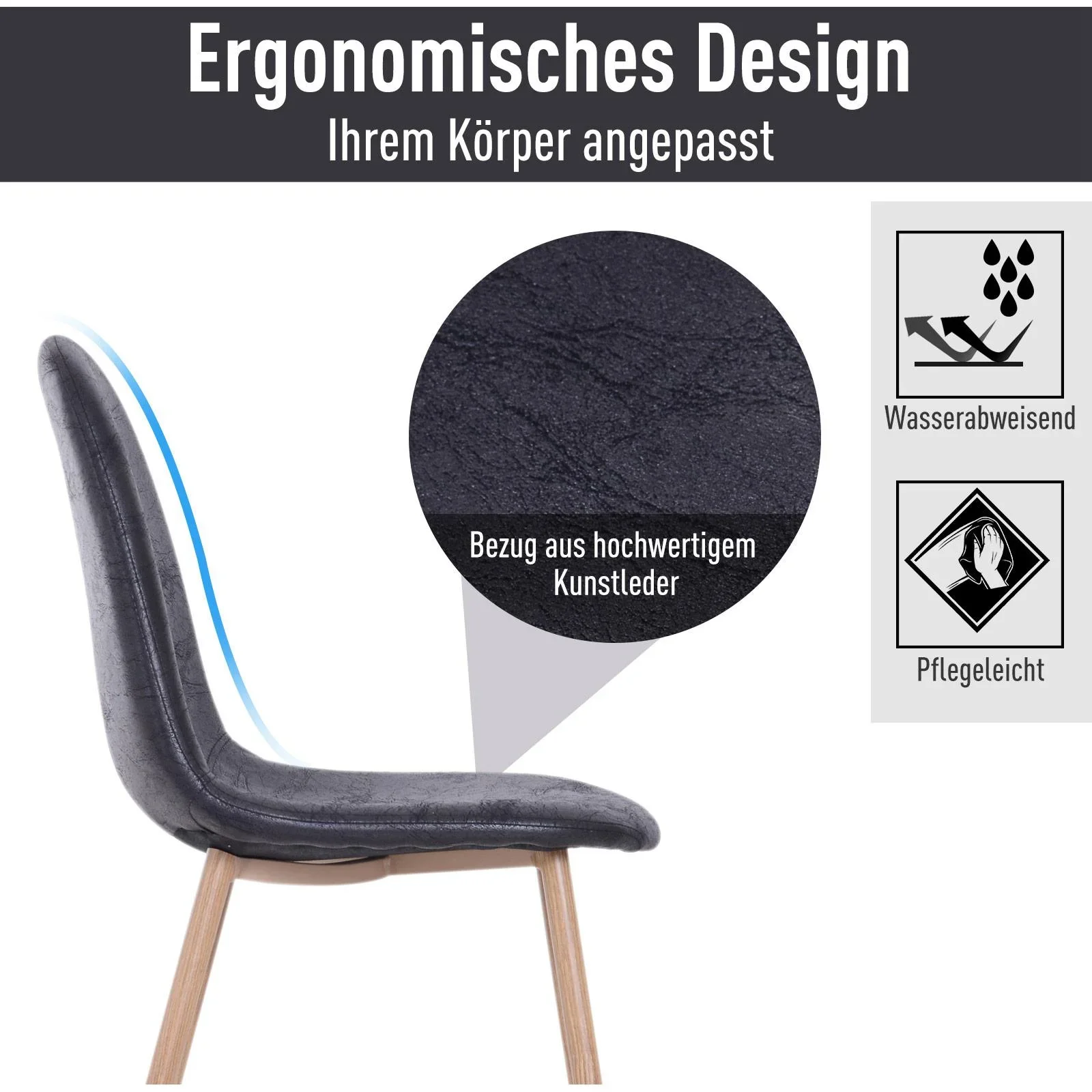 2er-Set Esszimmerstuhl Küchenstuhl mit Rückenlehne Kunstwildleder Sessel Schwarz - 4