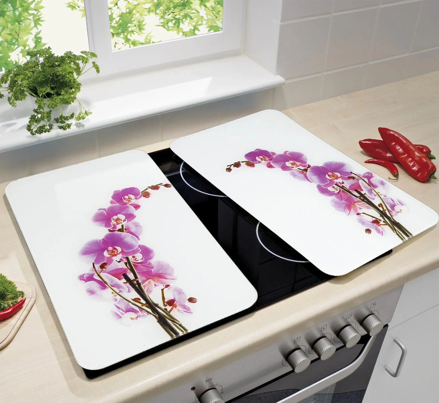 3 in 1 Herd-Abdeckplatten, Schneidbretter, Arbeitsplatten, Glas, Orchideen-Design, je 52 x 30 cm, 2er-Set - 2