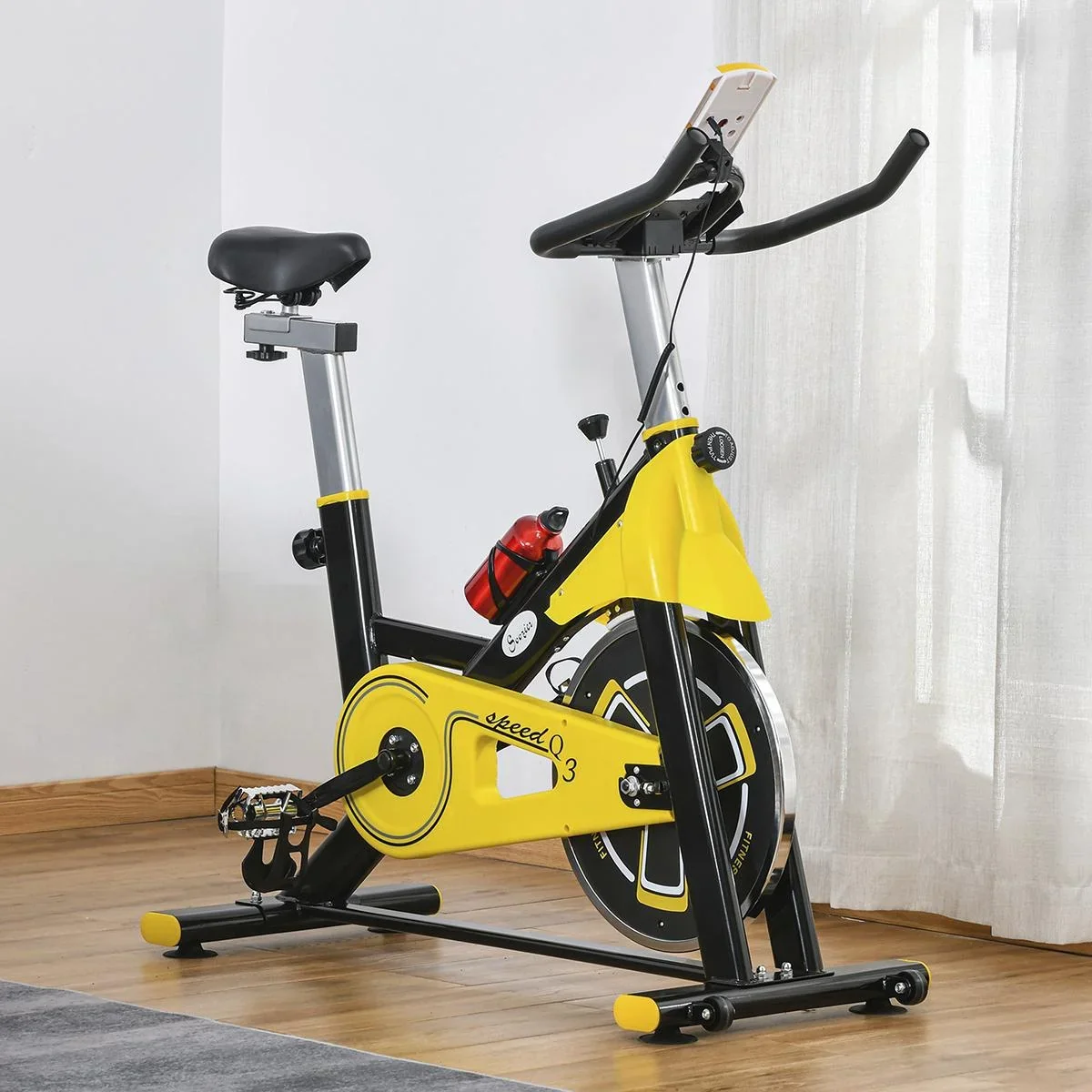 Fahrradtrainer höhenverstellbarer Heimtrainer Fitnessfahrrad Rollentrainer mit Riemenantrieb LCD-Display Stahl ABS Gelb+ - 0