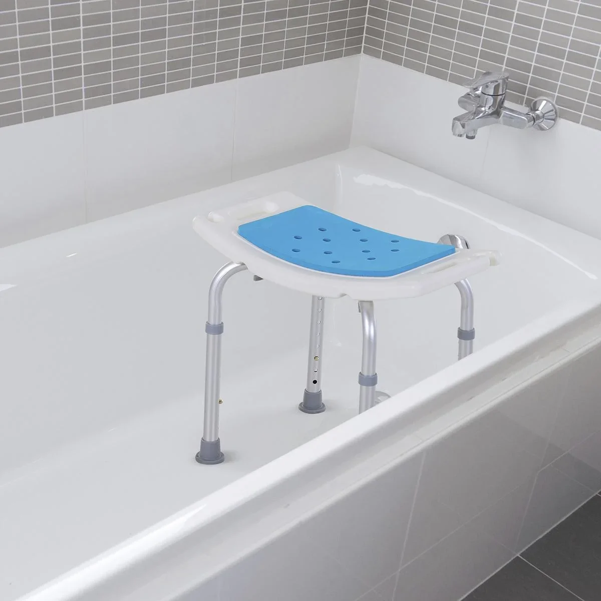 Duschstuhl Badehocker 6-stufig einstellbar Badestuhl Duschsitz Badehilfe Aluminium-Legierung PE EVA Blau+Weiß+Silber 52 - 2