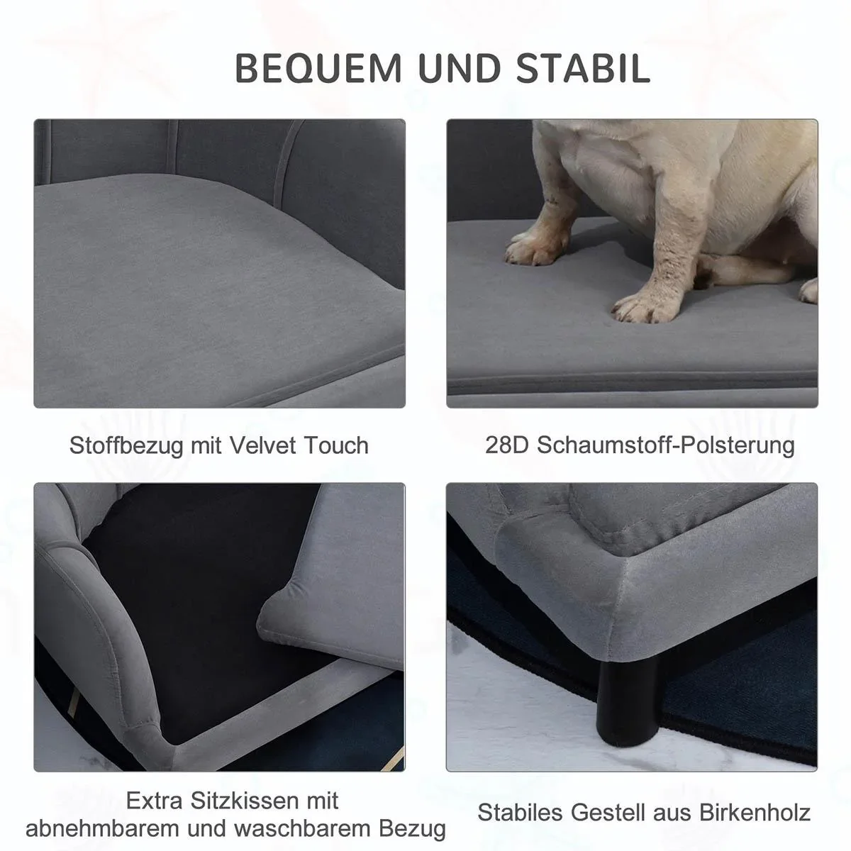 Hundesofa mit Rückenlehne Haustiersofa mit Holzbeinen Hundebett Weichem Bezug, Katzensofa Dunkelgrau 98,5x60,5x35,5 cm - 0