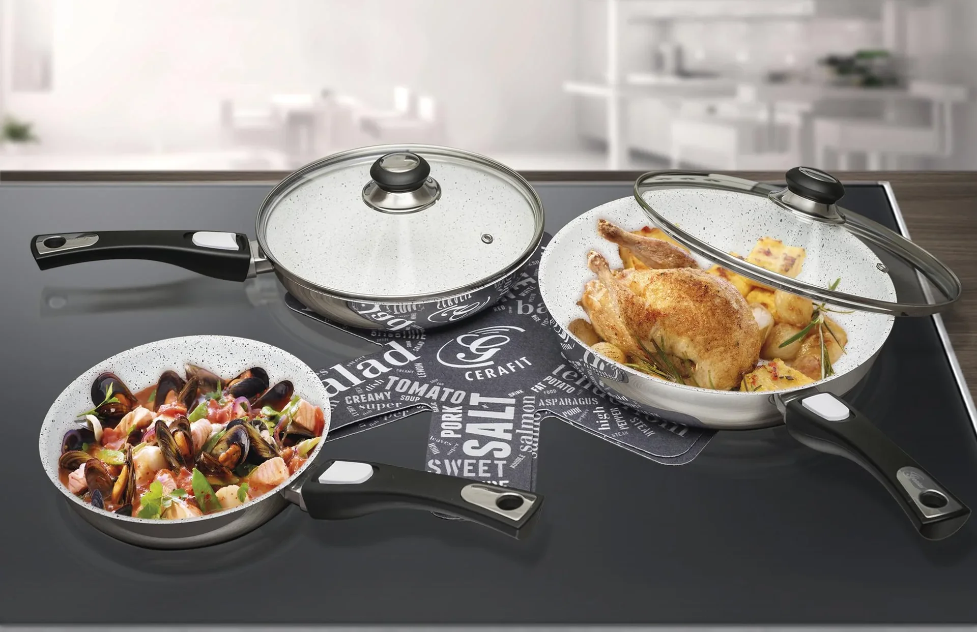 Pfannen-Set Cerafit Mont Blanc mit Klick-Griff, 7-teilig - Edelstahlpfannen mit Keramik Spezial-Antihaftbeschichtung - 3