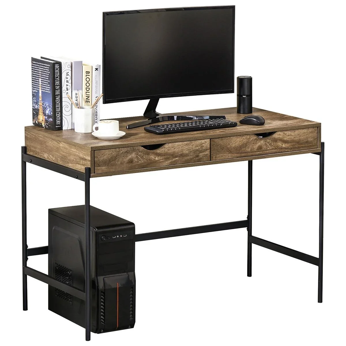 Computertisch Industriestil Schreibtisch Bürotisch mit Schubladen Home-Office Tisch MDF Metall Braun+Schwarz 110 x 55 x - 0