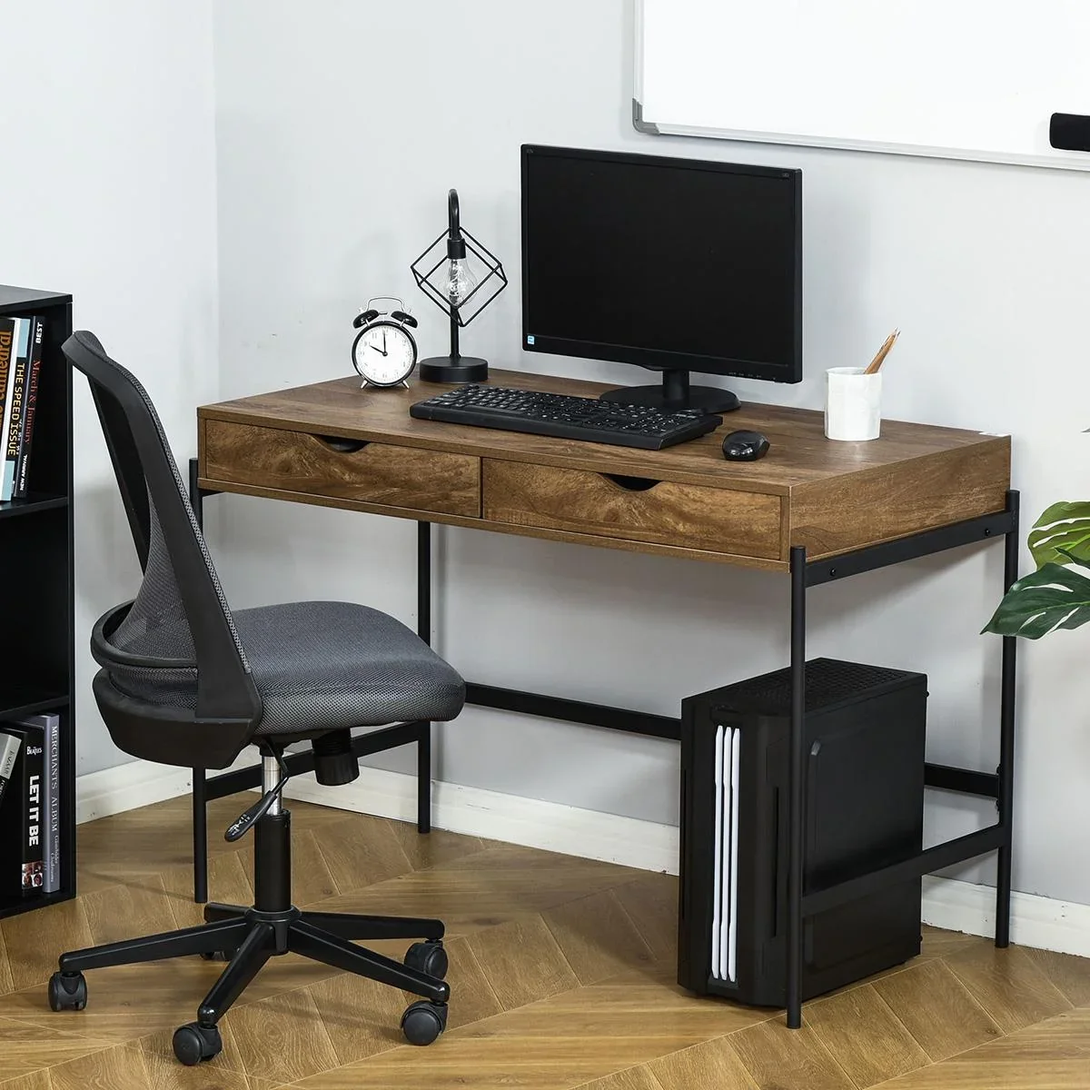 Computertisch Industriestil Schreibtisch Bürotisch mit Schubladen Home-Office Tisch MDF Metall Braun+Schwarz 110 x 55 x - 2