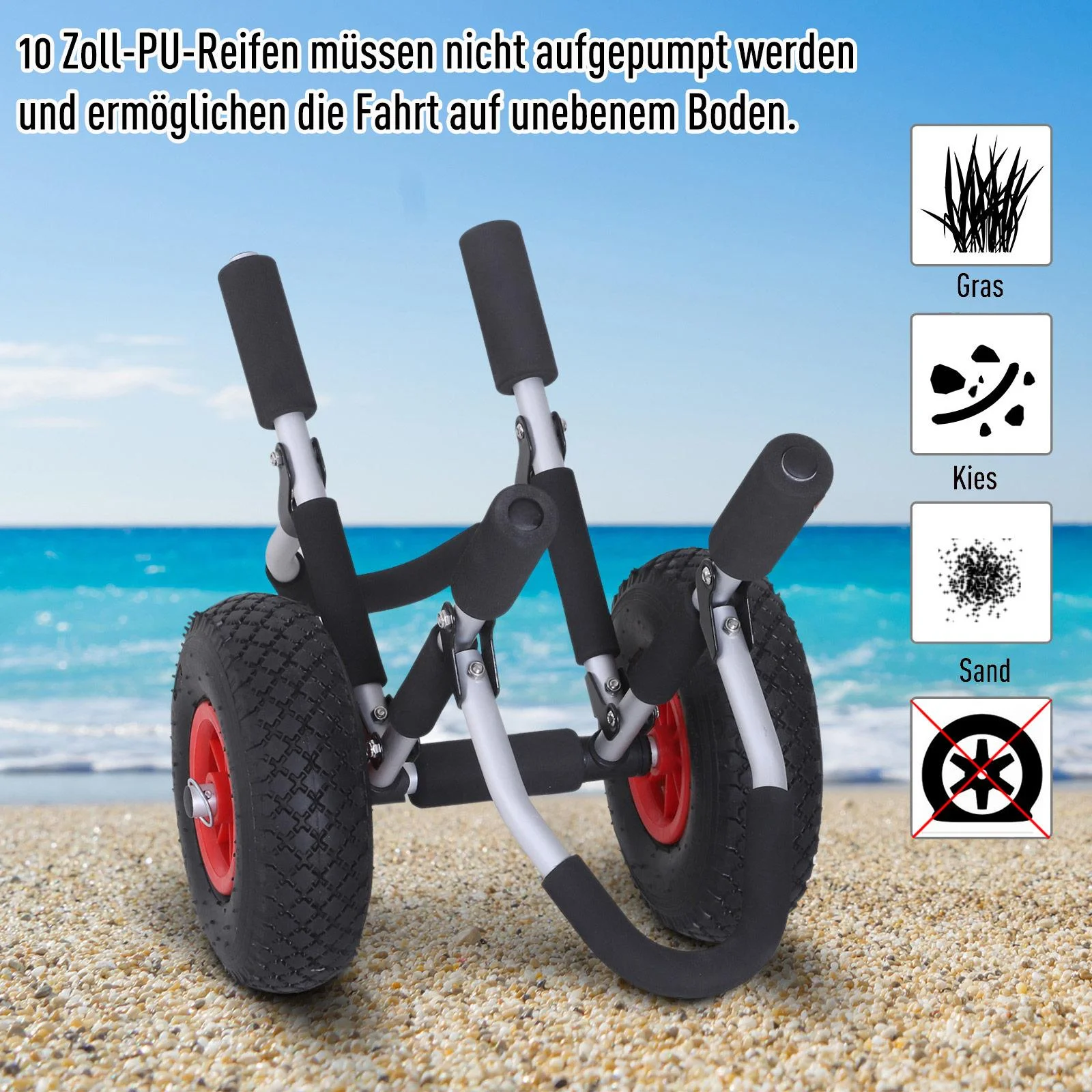 Kanuwagen Kajakwagen Surfwagen klappbar gepolstert PU-Reifen Alu Silber bis 45 kg L65 x B38 x H52 cm - 6
