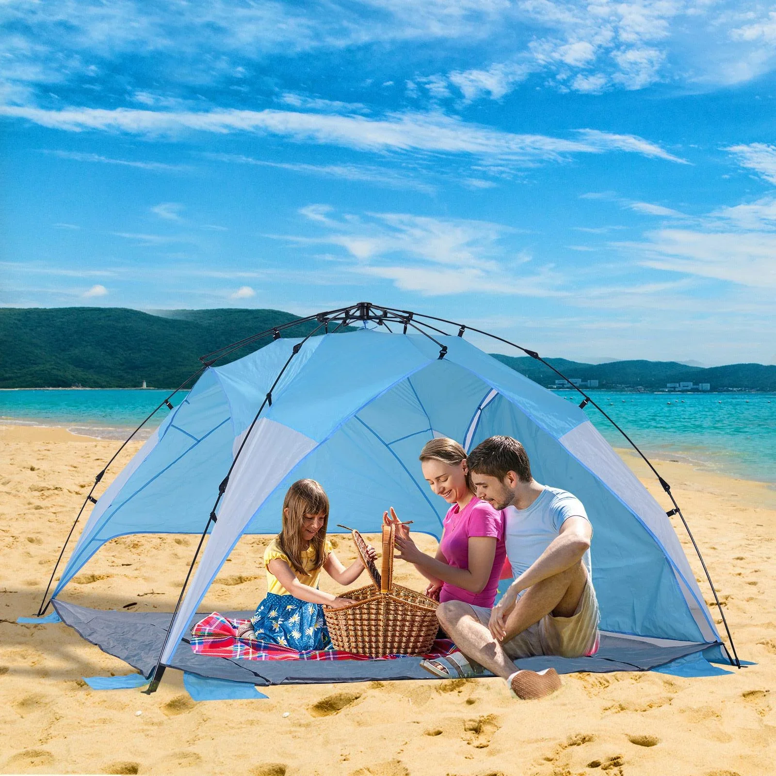 Automatik Strandmuschel Pop up Zelt Outdoor mit Boden Fenster Tragetasche 3 4 Personen 250 x 250 x 155 cm - 2