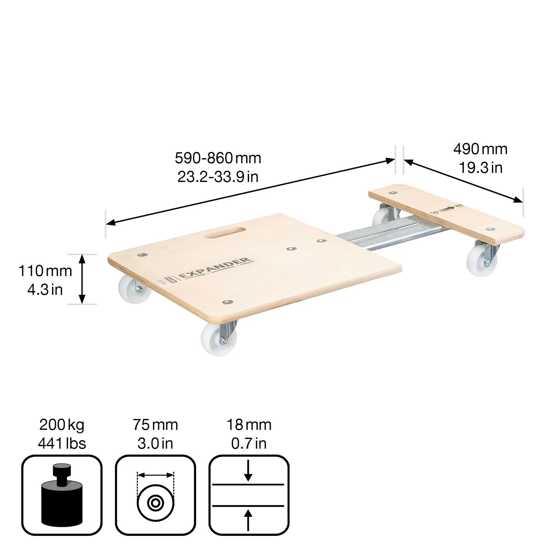Transporthilfe MM 1332, 59-86 x 49 x 11 cm ausziehbar, harte Rollen Ø 75 mm, Rollenlager, Birke FSC®, Tragkraft 200 kg - 2