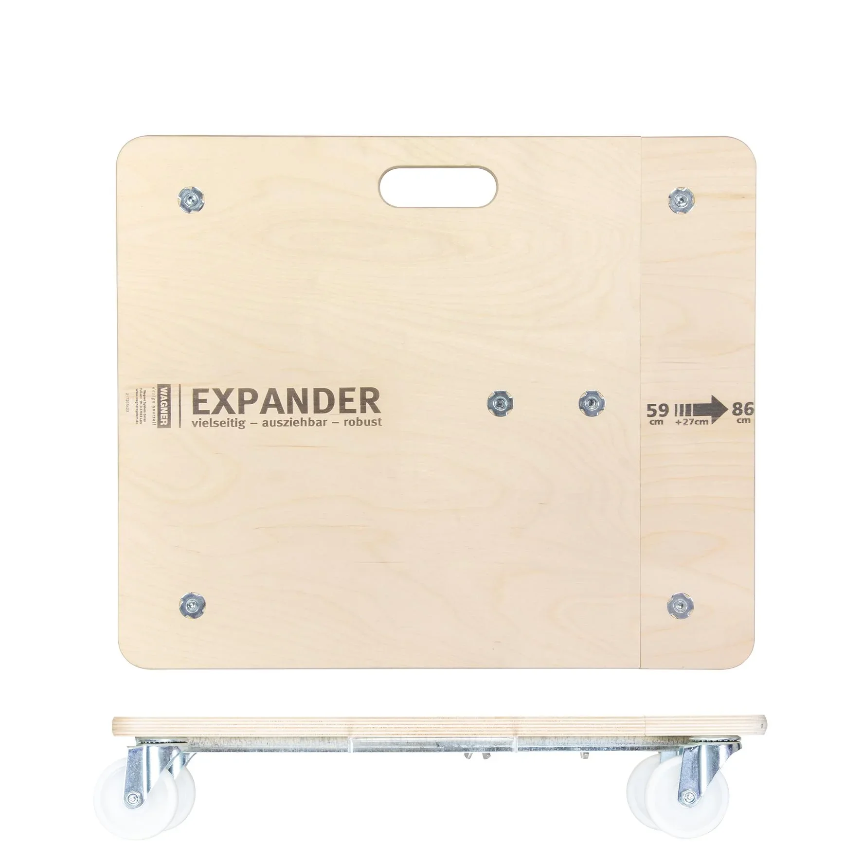 Transporthilfe MM 1332, 59-86 x 49 x 11 cm ausziehbar, harte Rollen Ø 75 mm, Rollenlager, Birke FSC®, Tragkraft 200 kg - 6