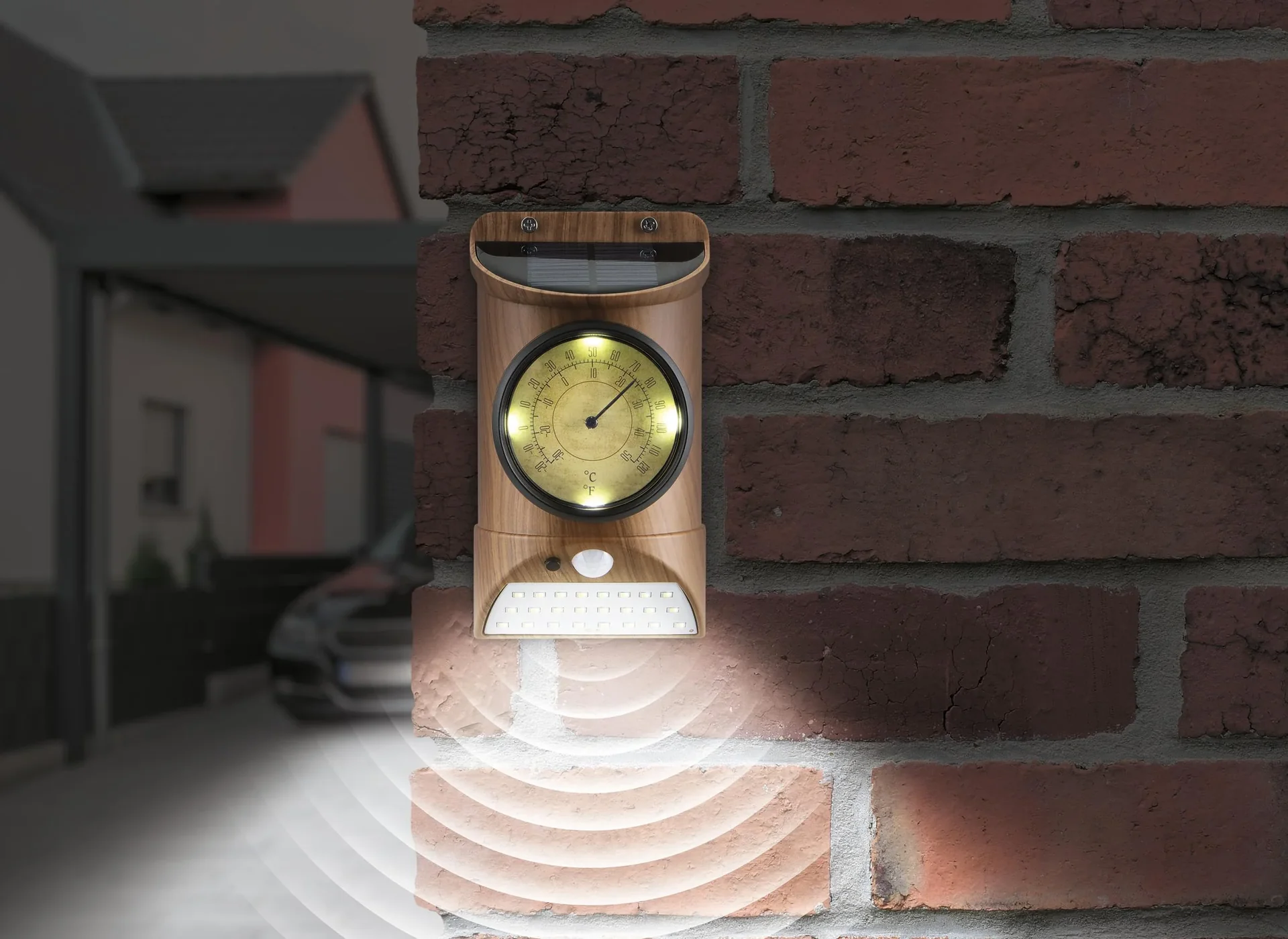 Solar Leuchte mit Thermometer und Bewegungsmelder in Holzoptik - 1