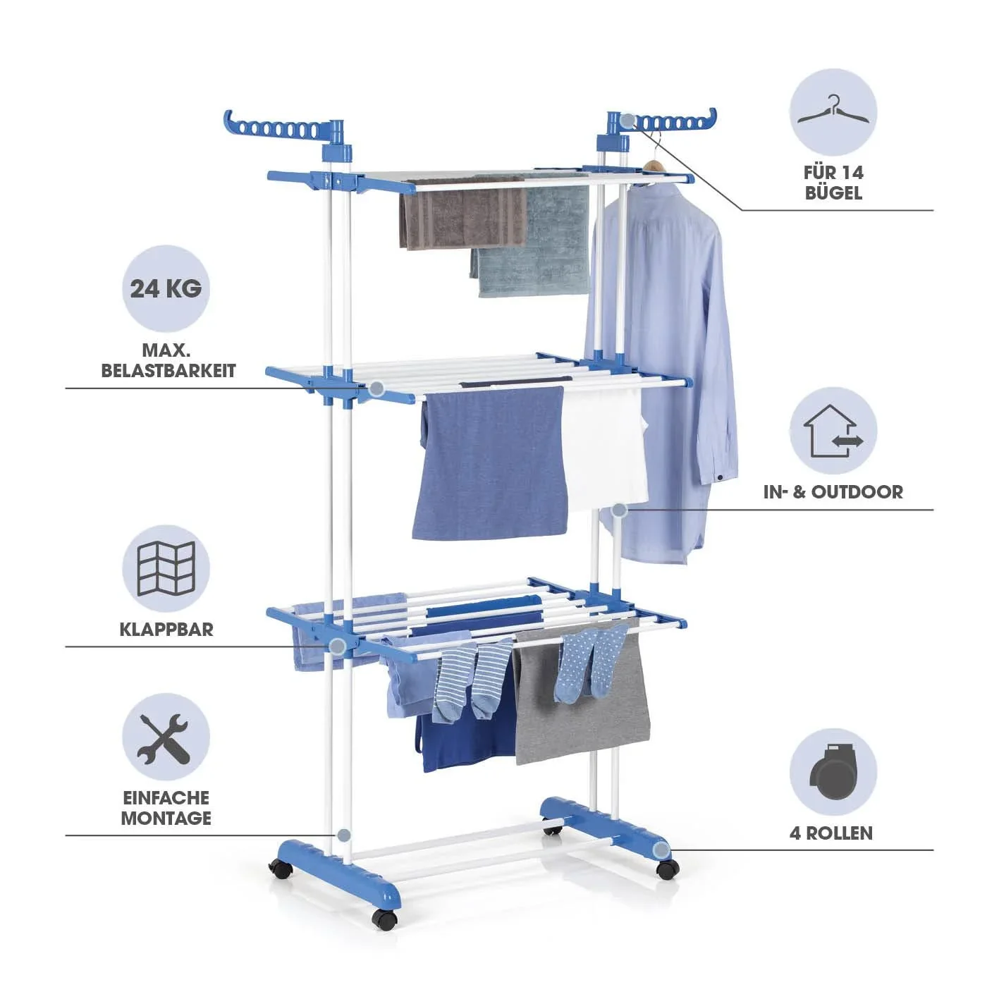 Wäscheständer, mit 3 Ebenen und 2 Seitenflügeln, klappbar, Trockenfläche 17,5 Meter, 63 x 76 x 173 cm - 3