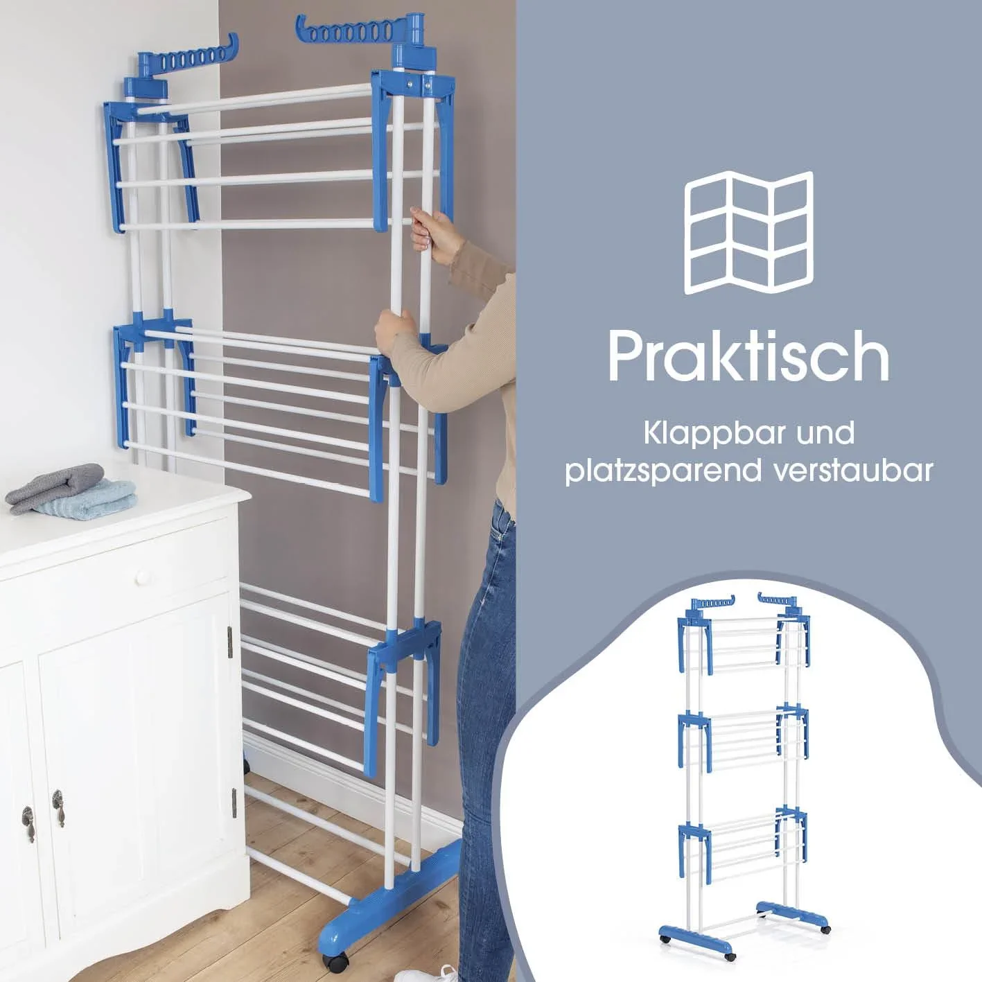 Wäscheständer, mit 3 Ebenen und 2 Seitenflügeln, klappbar, Trockenfläche 17,5 Meter, 63 x 76 x 173 cm - 4
