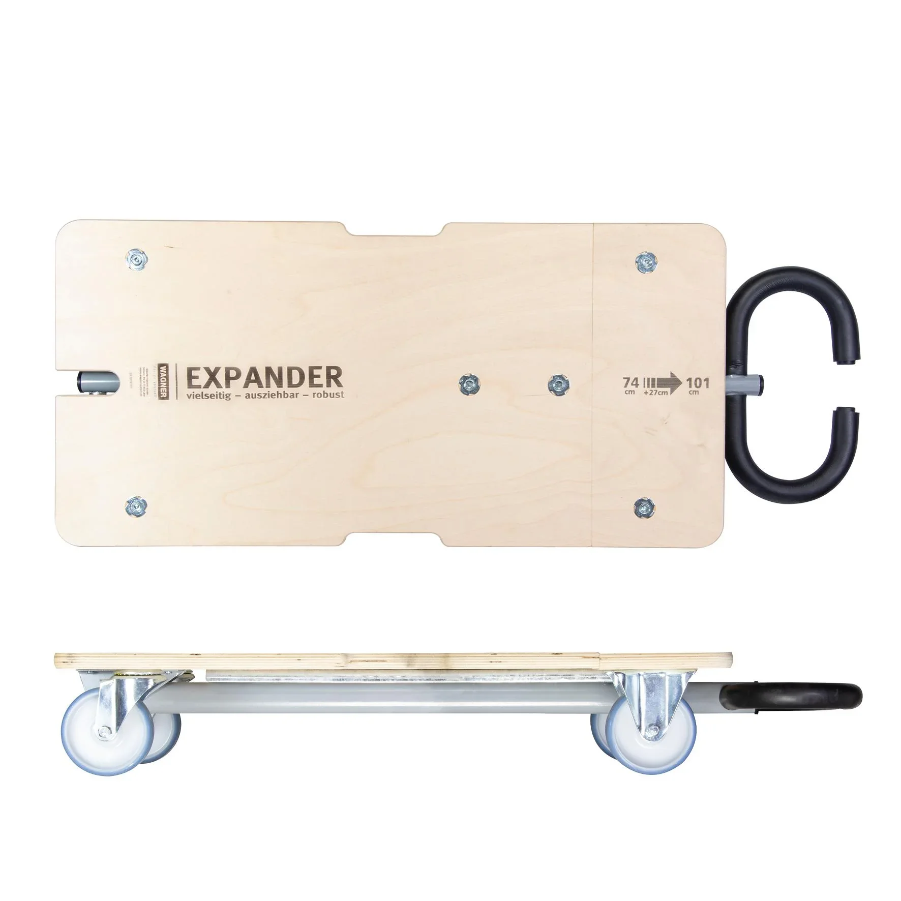 Transporthilfe MM 1333, 74-101 x 37 x 14,5 cm, softe Rollen Ø 100 mm, Rollenlager, 2 Bremsen, FSC®, Tragkraft 200 kg - 3