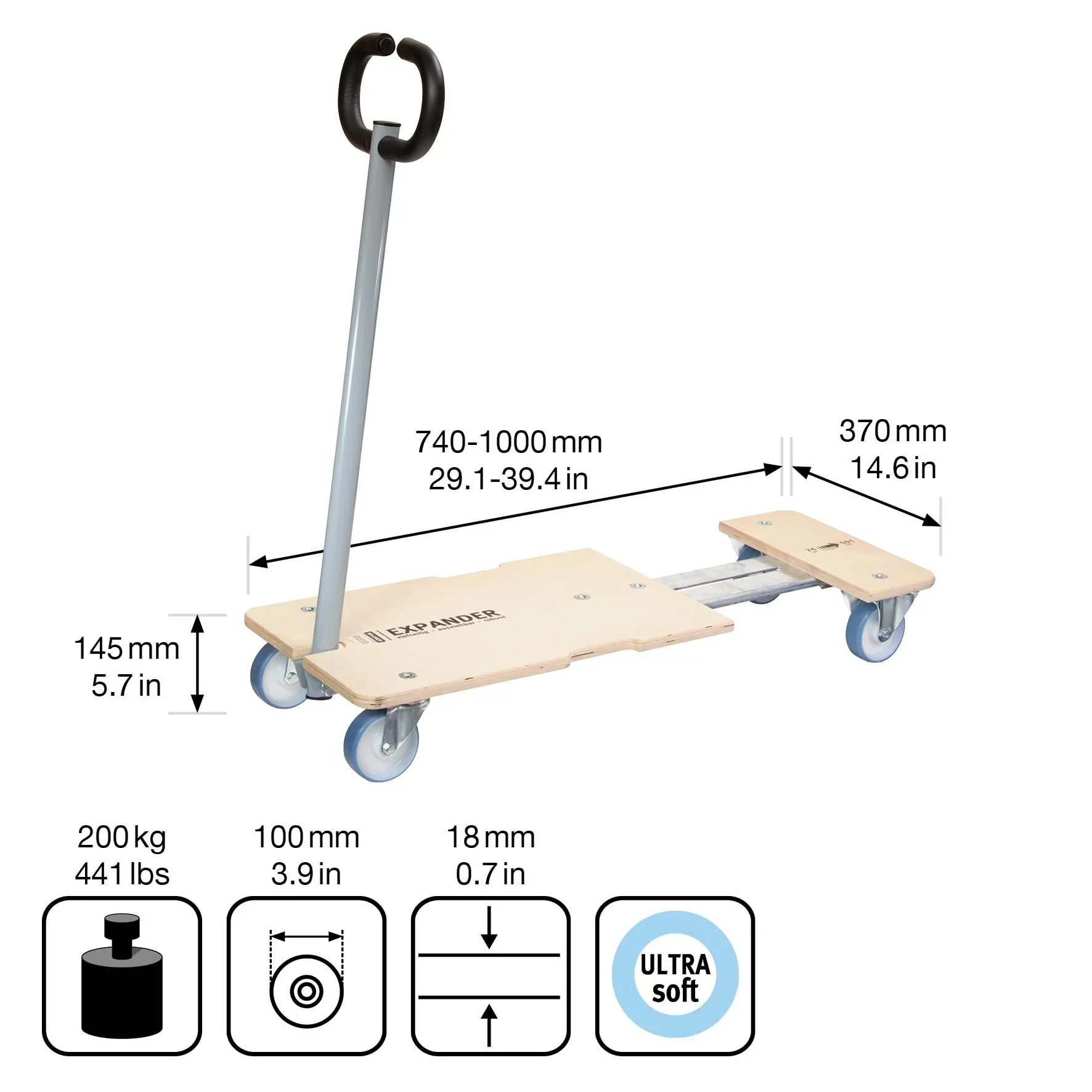 Transporthilfe MM 1333, 74-101 x 37 x 14,5 cm, softe Rollen Ø 100 mm, Rollenlager, 2 Bremsen, FSC®, Tragkraft 200 kg - 7