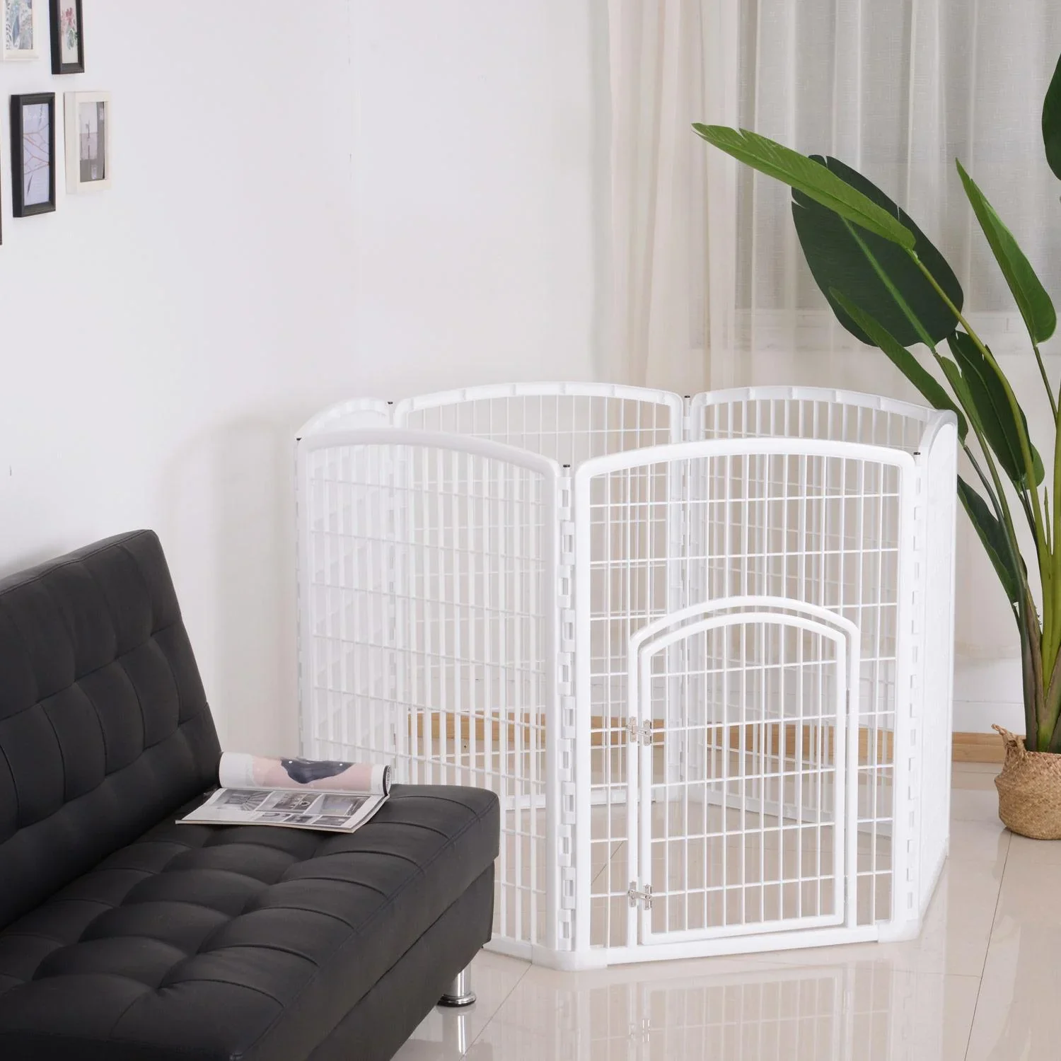 Welpengitter Freilaufgehege Laufstall für Haustiere mit Tür 6 Teile sechseckig PP-Kunststoff rostfrei Weiß Ø135 x H95 cm - 4