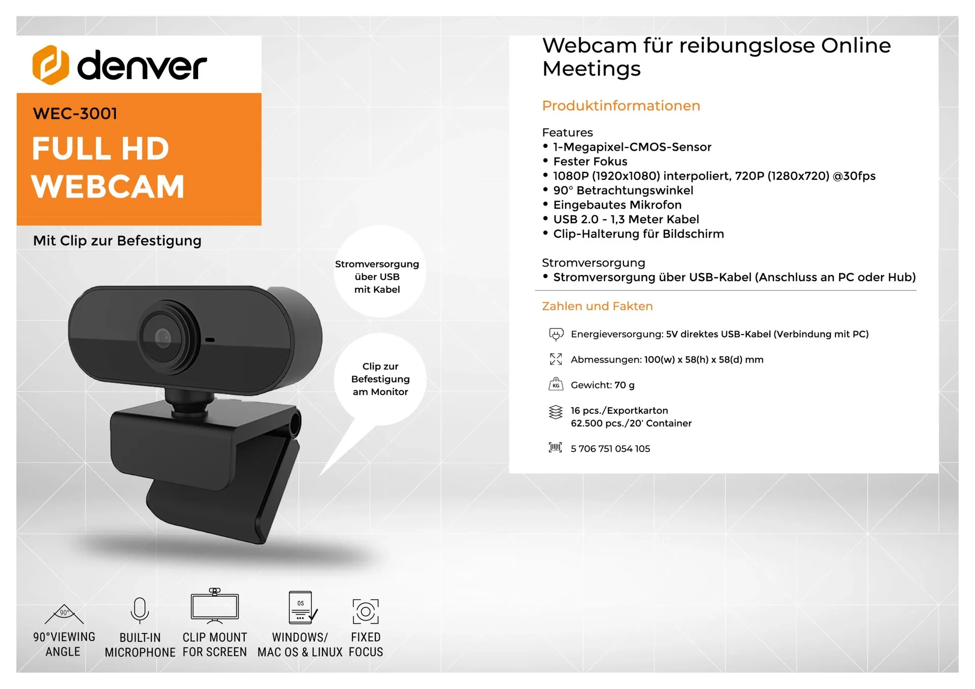 Webcam mit 1 Megapixel Sensor, eingebautem Mikrofon und Monitor Clip - 5