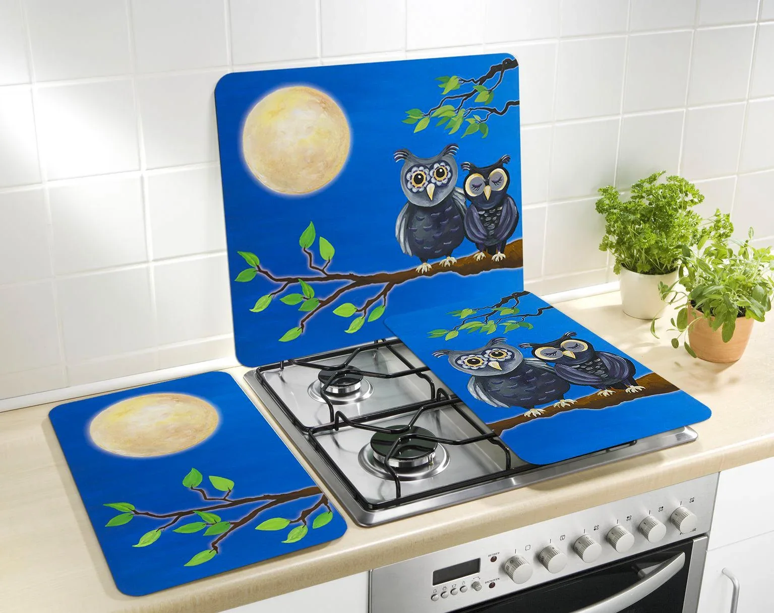 3 in 1 Herd-Abdeckplatten, Schneidbretter, Arbeitsplatten, Glas, Eulen-Design, je 52 x 30 cm, 2er-Set - 0