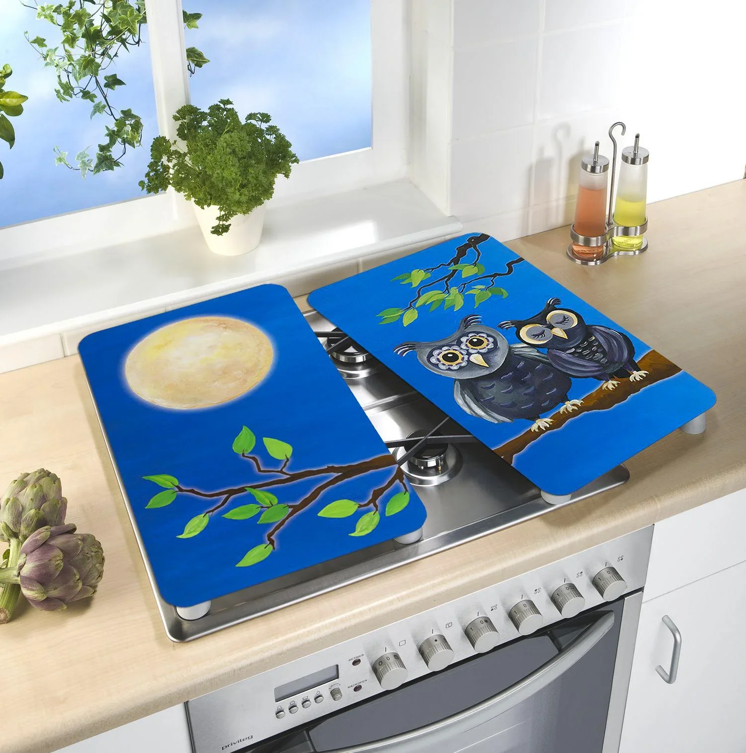 3 in 1 Herd-Abdeckplatten, Schneidbretter, Arbeitsplatten, Glas, Eulen-Design, je 52 x 30 cm, 2er-Set - 1