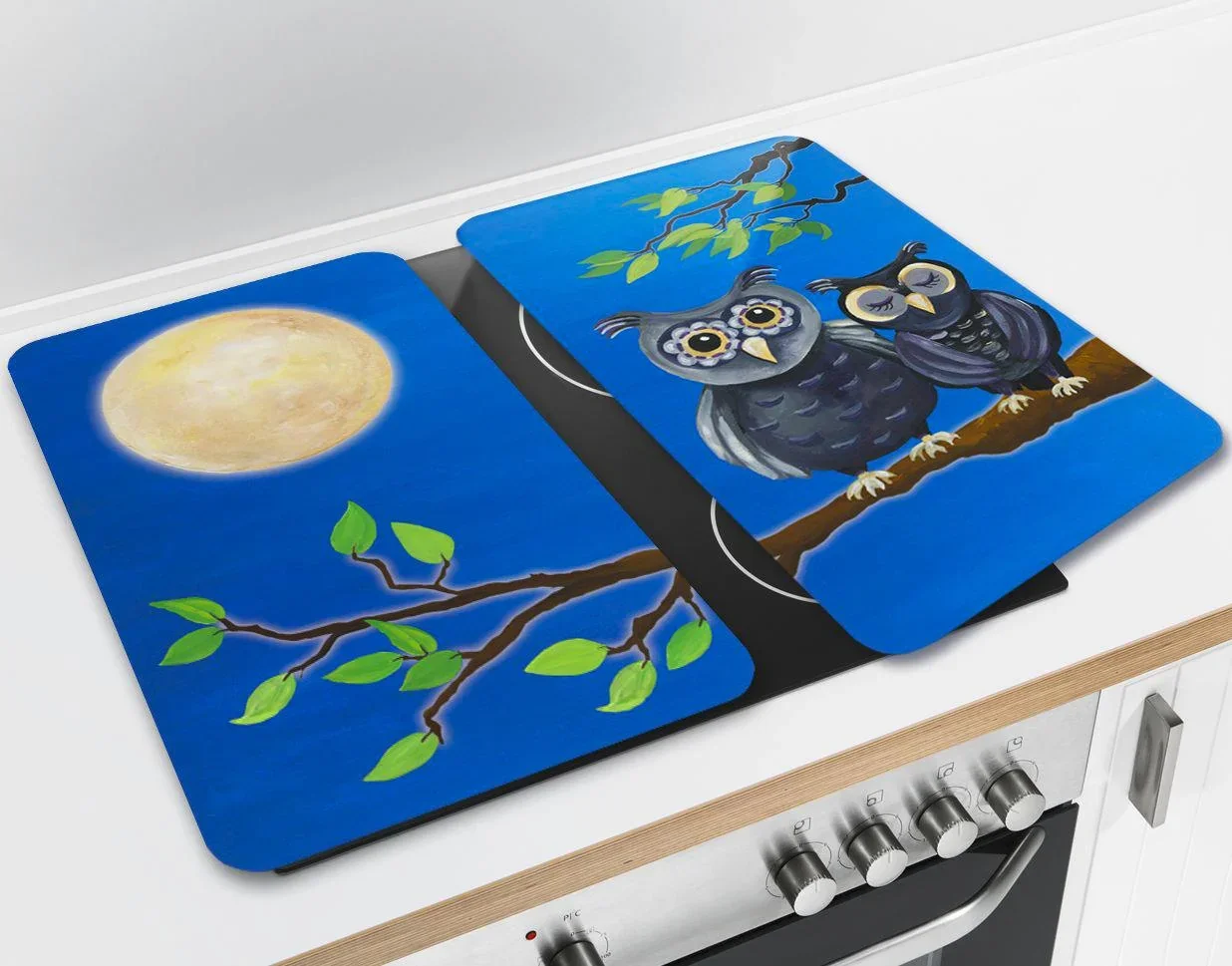 3 in 1 Herd-Abdeckplatten, Schneidbretter, Arbeitsplatten, Glas, Eulen-Design, je 52 x 30 cm, 2er-Set - 3