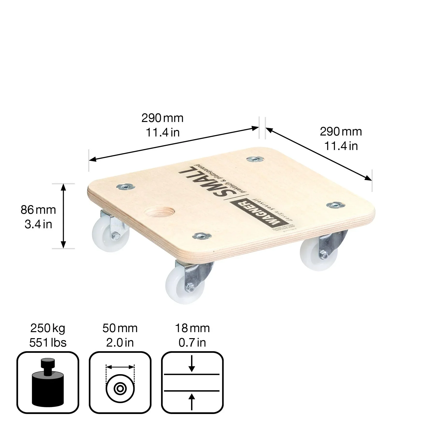 Transporthilfe MM 1352, 29 x 29 x 8,5 cm, harte Rollen Ø 50 mm, Gleitlager, Multiplex Birke FSC®, Tragkraft 250 kg - 5
