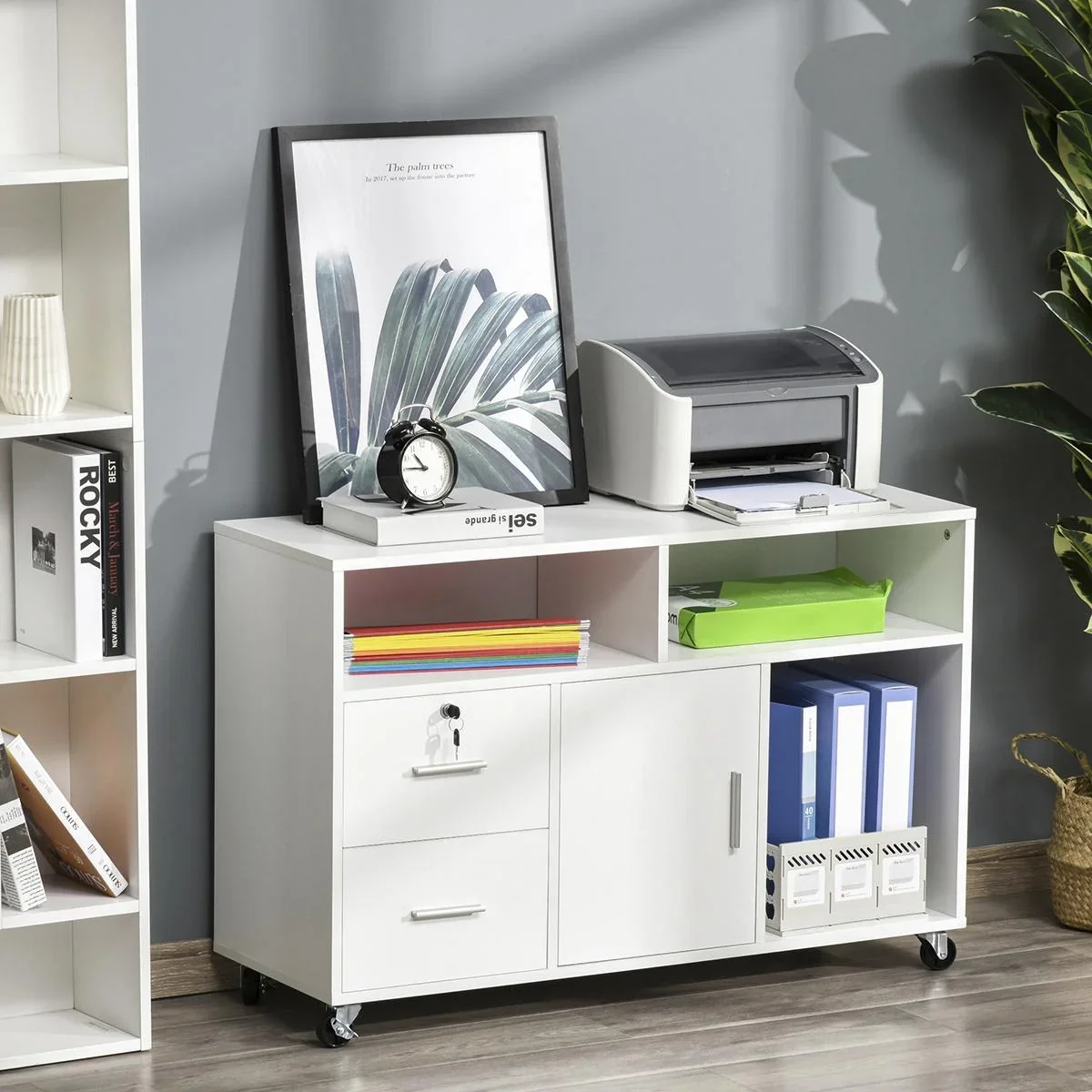 Bürocontainer mit Rollen, Aktenschrank, Büroschrank, Druckertisch mit 2 Schubladen, Aufbewahrung von Akten, Spanplatte, - 0
