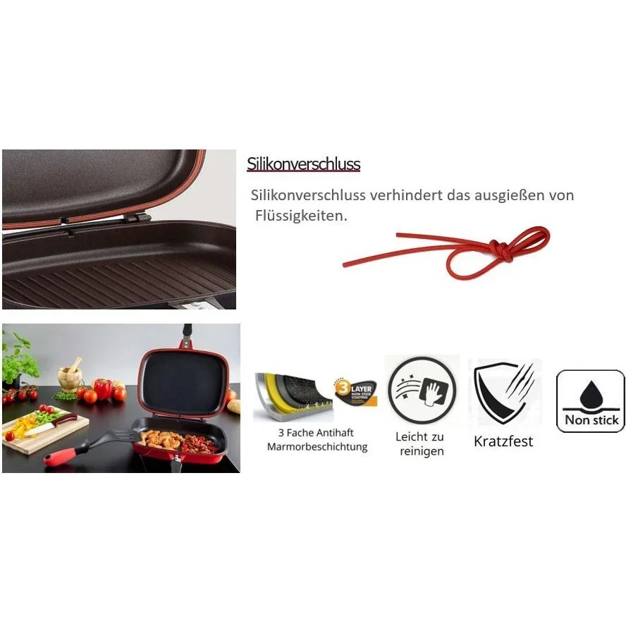 Doppelpfanne / Grillpfanne - 32 cm - Aluminiumguss - Wendegrillpfanne - bordeauxrot - 0