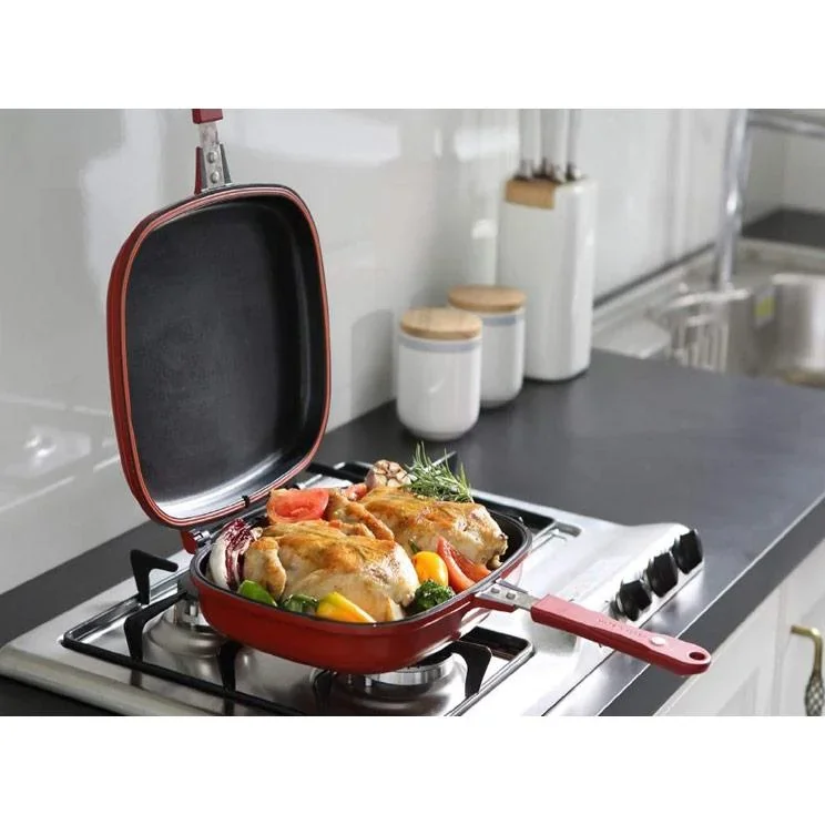Doppelpfanne / Grillpfanne - 32 cm - Aluminiumguss - Wendegrillpfanne - bordeauxrot - 1