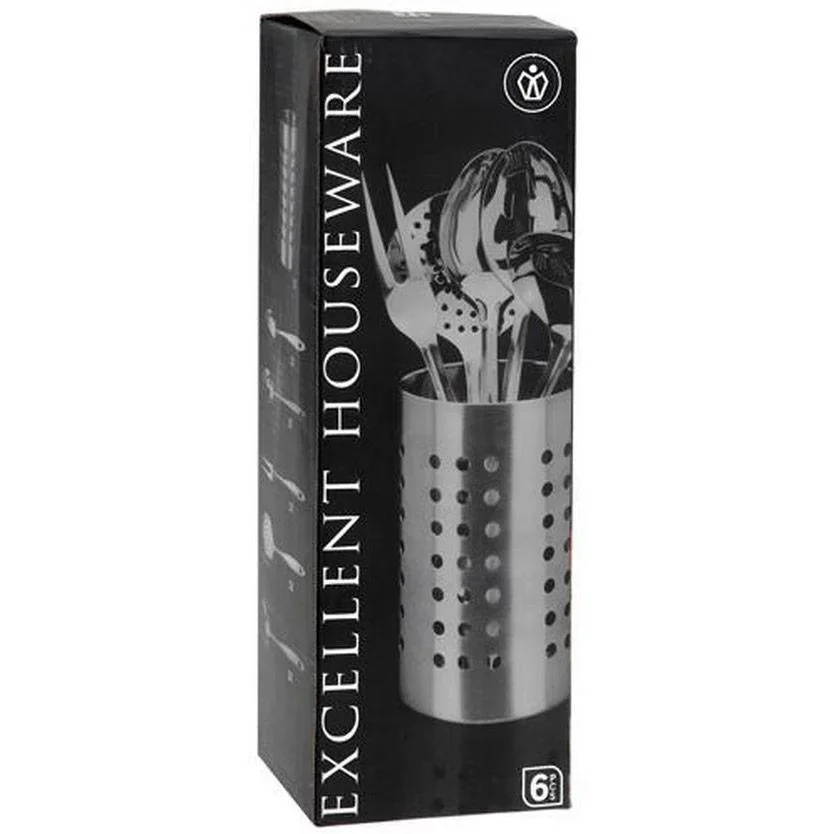 Küchenset - Edelstahl - 6-teilig - Fleischgabel, Gemüselöffel, Servierlöffel, Schaumlöffel, Suppenlöffel mit Ständer - 1