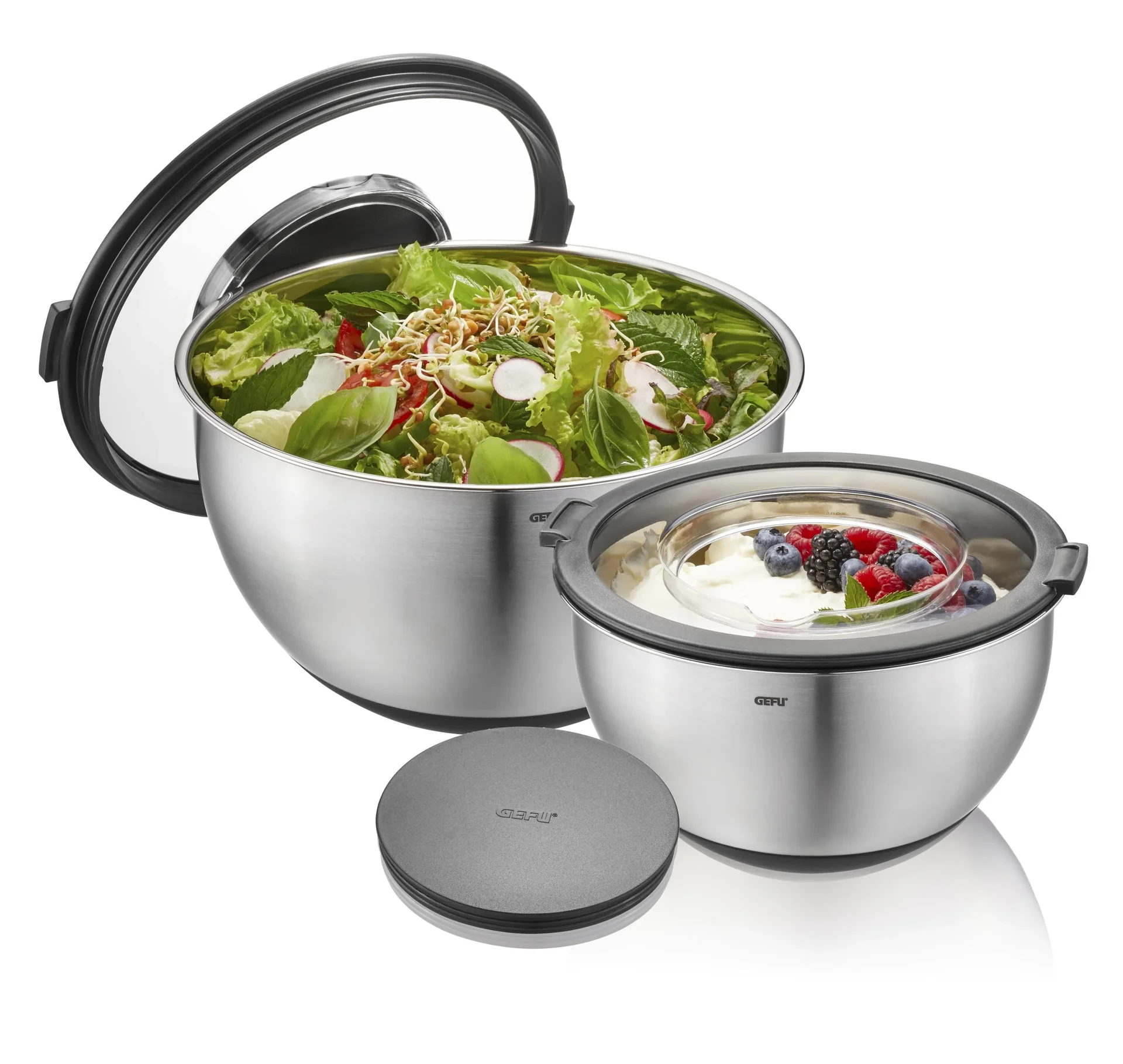 Schüssel-Set mit Spritzschutzdeckel "MUOVO". 2 Stück - 2