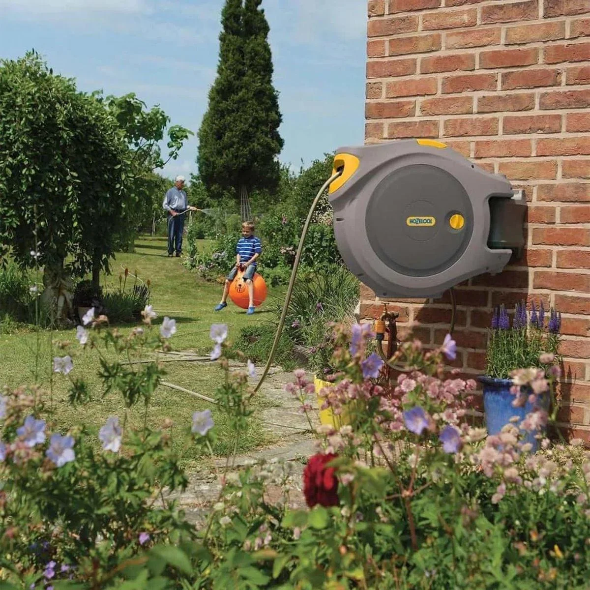 Auto Reel 40 Meter - selbstaufrollender Wandschlauchaufroller - mit Startset und Gartenspritze - grau - 0