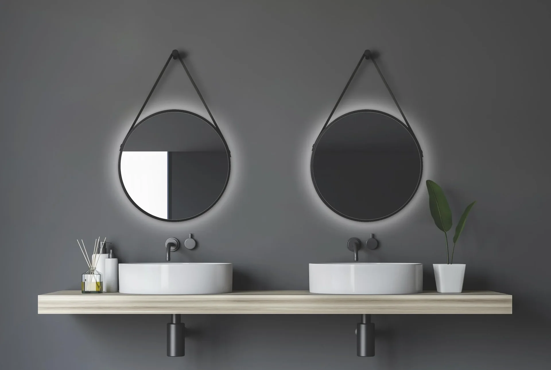 Dekorativer runder Wandspiegel mit indirekter LED Beleuchtung in schwarz matt Ø 50 cm - 0