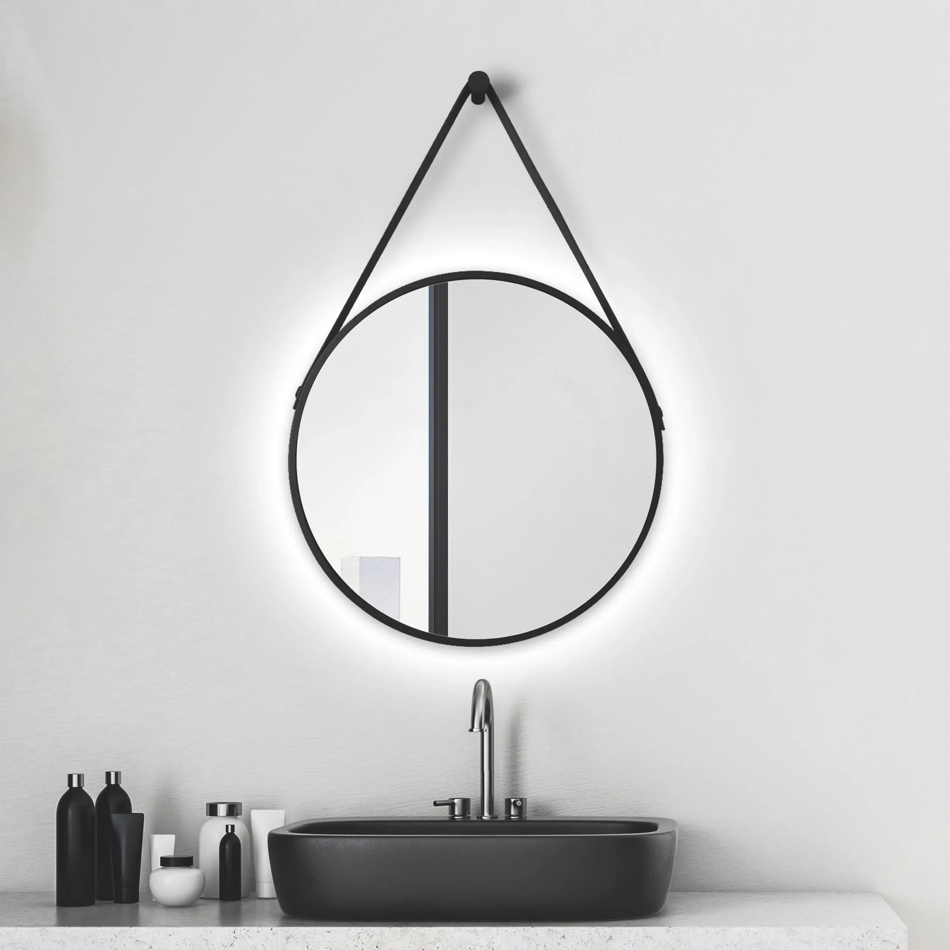 Dekorativer runder Wandspiegel mit indirekter LED Beleuchtung in schwarz matt Ø 50 cm - 1