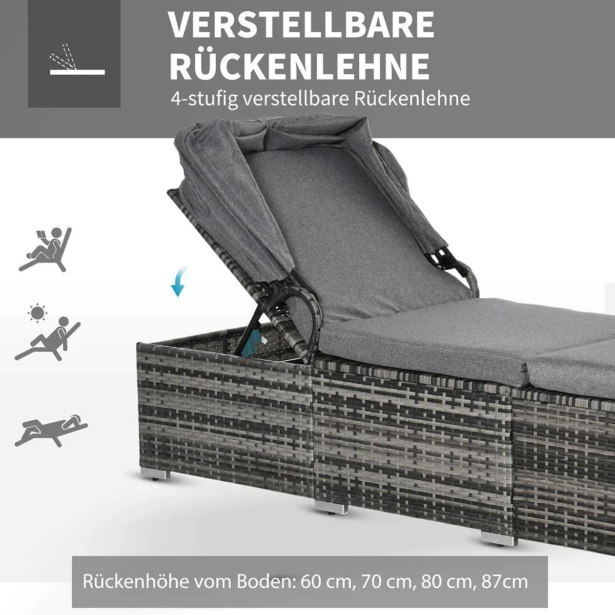 Sonnenliege aus Polyrattan mit Sonnendach Gartenliege verstellbar Rattanliege Gartenmöbel Liege mit Kissen Grau 195 x 65 - 2