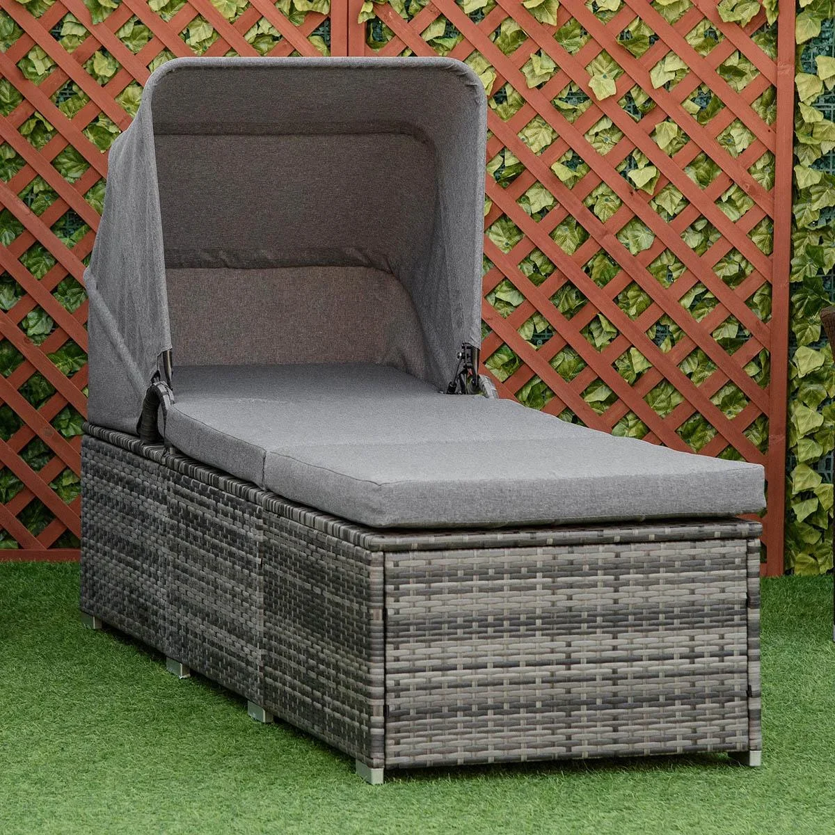 Sonnenliege aus Polyrattan mit Sonnendach Gartenliege verstellbar Rattanliege Gartenmöbel Liege mit Kissen Grau 195 x 65 - 3