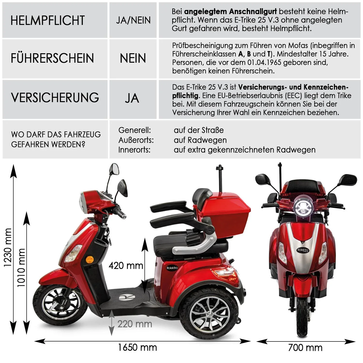 E-Trike 25 V.3, rot; 1.000 W + Straßenzulassung - 0