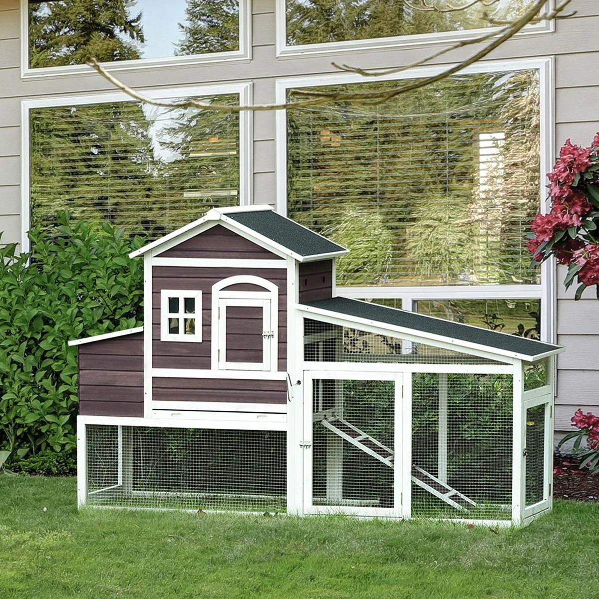 Hühnerstall mit Auslauf Nistkasten Hühnerhaus Geflügelstall mit Stange Massivholz Dunkelrot 200 x 73,5 x 130 cm - 0