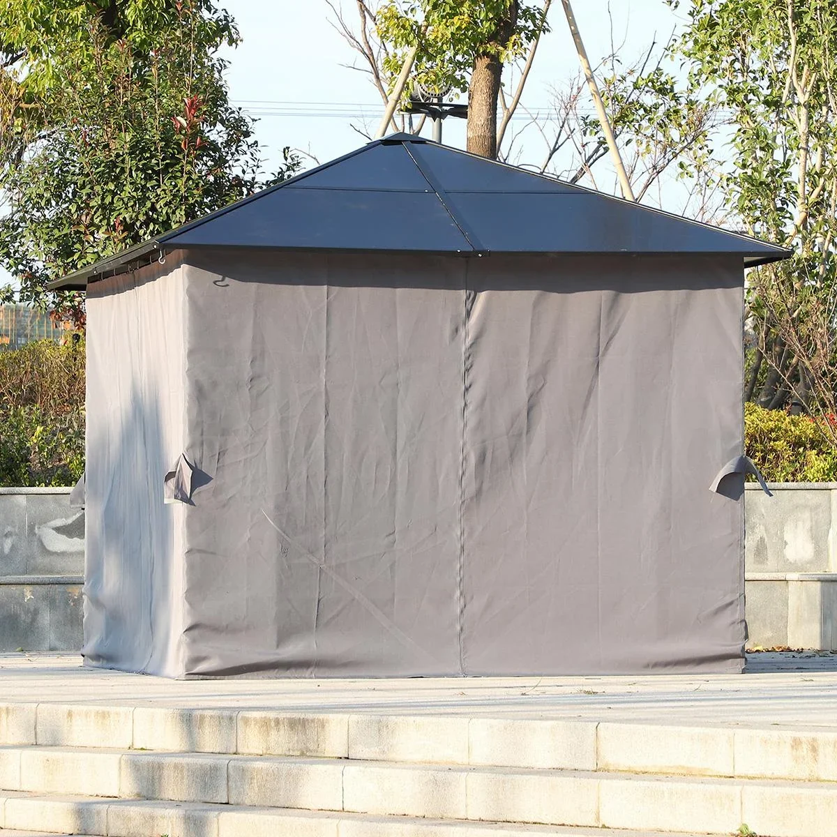 Pavillon, Gartenpavillon, Partyzelt mit Seitenteilen, PC Dach, Alu, Schwarz, 300 x 300 x 263 cm - 2