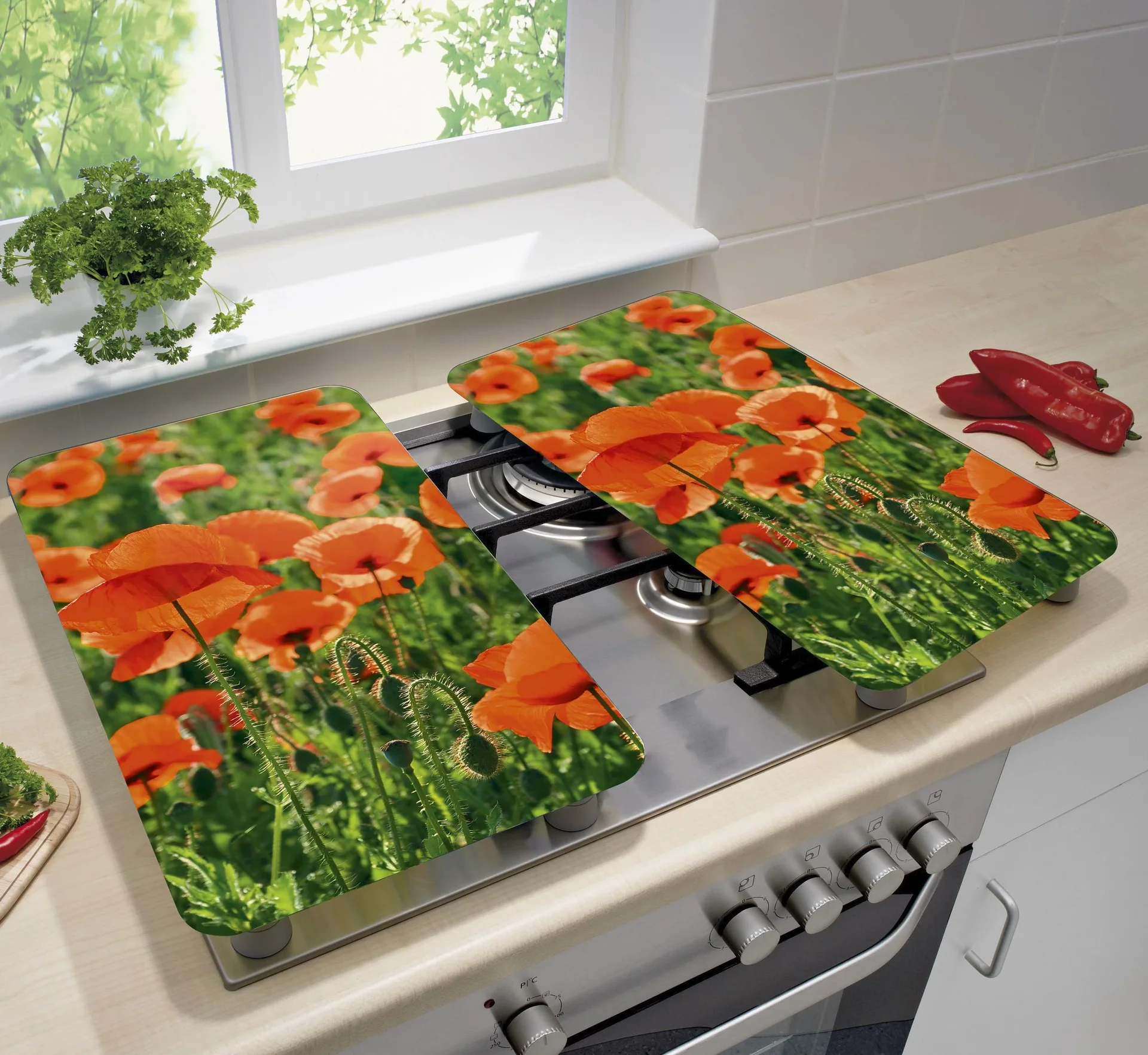 3 in 1 Herd-Abdeckplatten, Schneidbretter, Arbeitsplatten, Glas, Mohnblumen-Design, je 52 x 30 cm, 2er-Set - 4