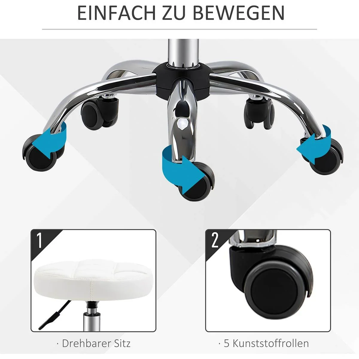 2er-Set Rollhocker Drehhocker mit Rädern Arbeitshocker höhenverstellbar drehbar Salon Hocker Salonstühle Kunstleder Weiß - 0